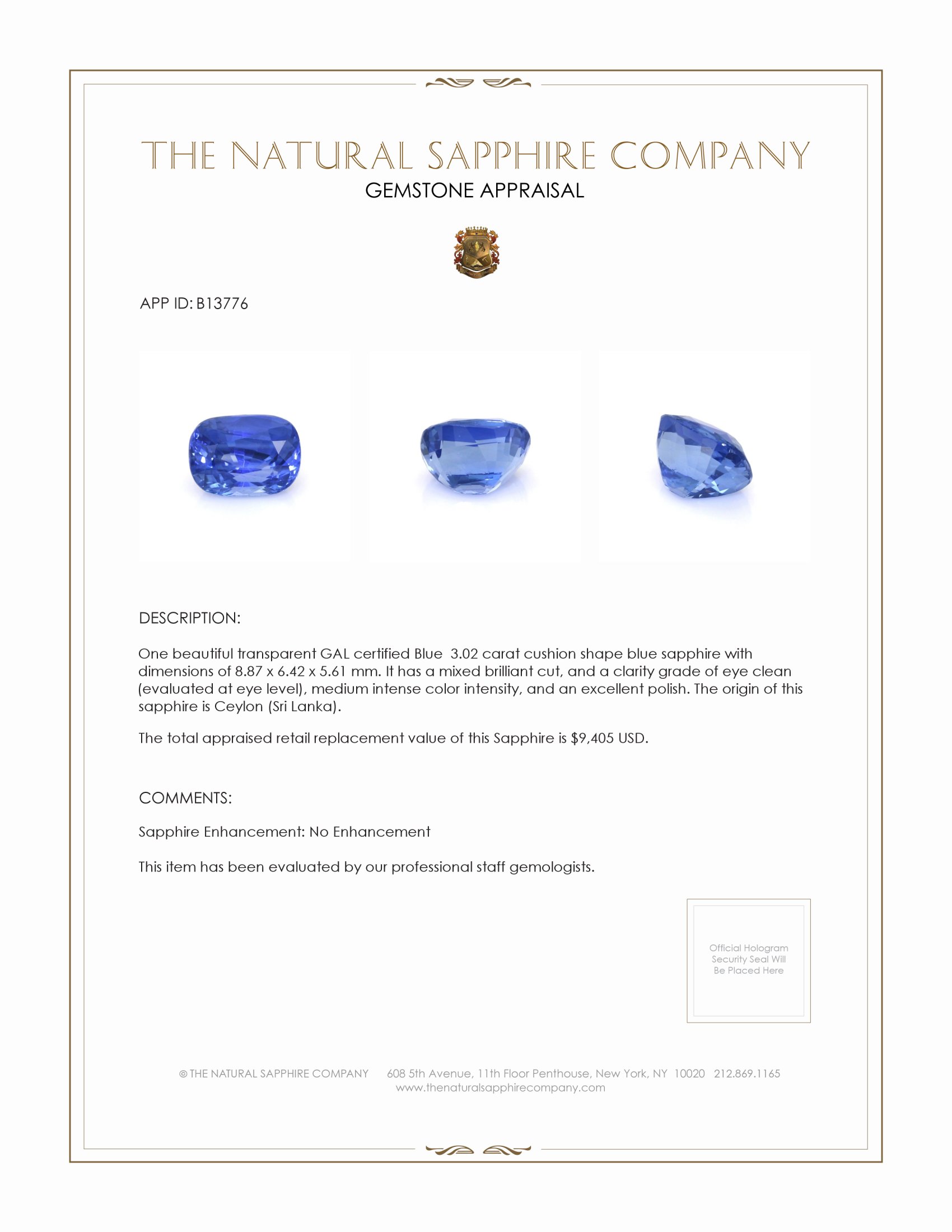 3.02 Ct. Blue Sapphire from Ceylon (Sri Lanka)
