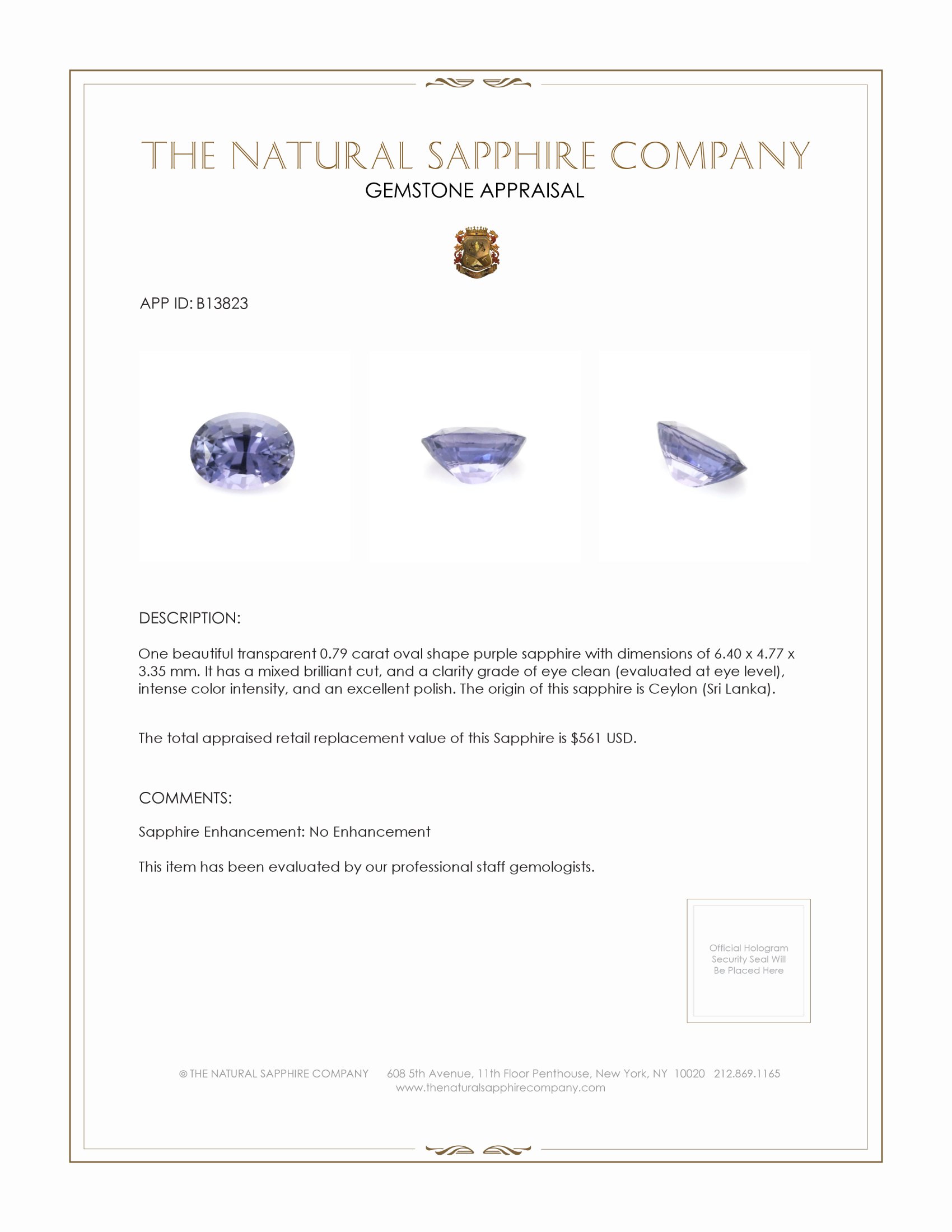 0.79 Ct. Purple Sapphire from Ceylon (Sri Lanka)