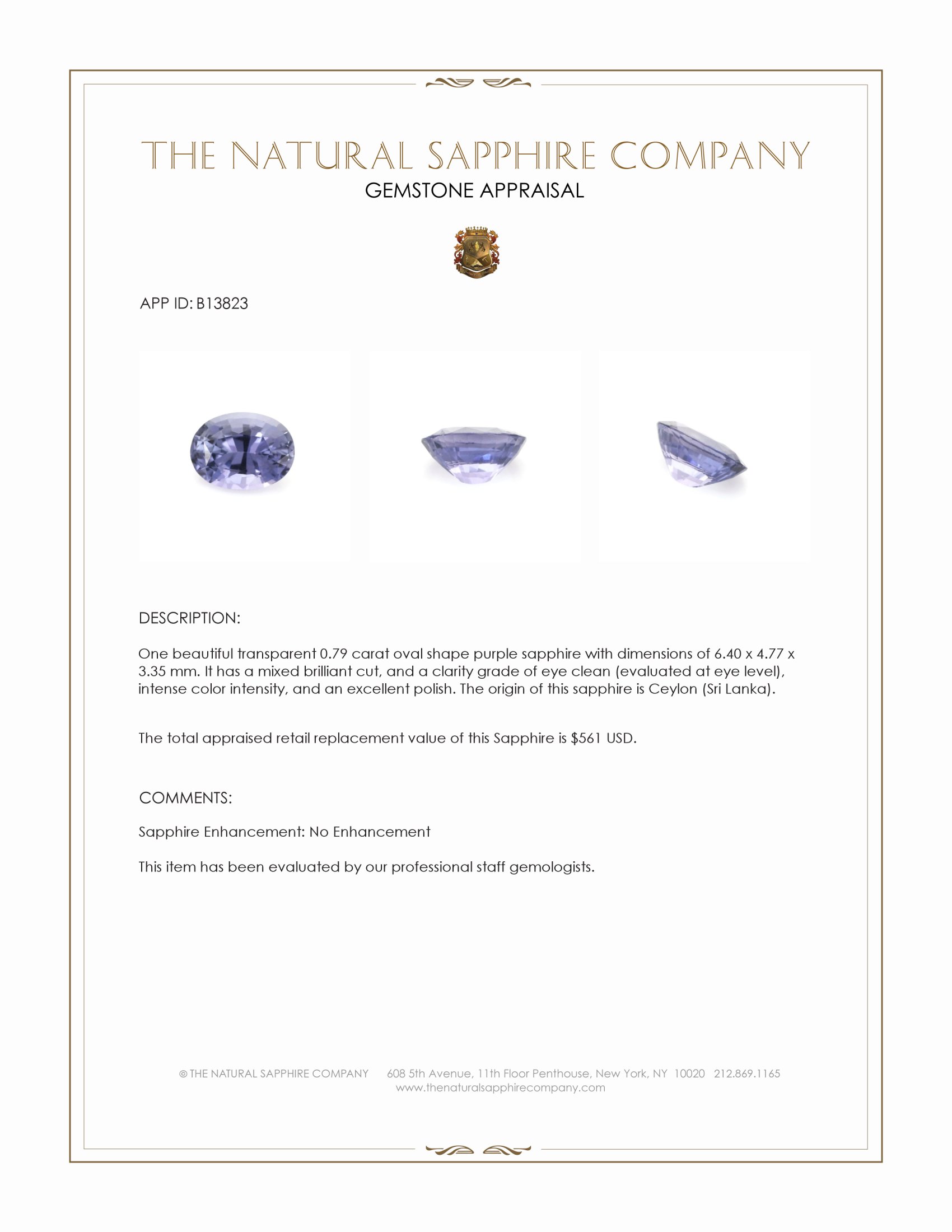 0.79 Ct. Purple Sapphire from Ceylon (Sri Lanka)