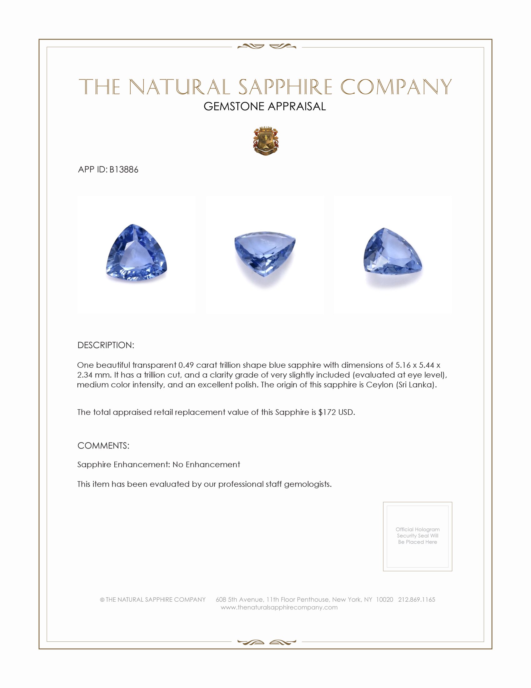 0.49 Ct. Blue Sapphire from Ceylon (Sri Lanka)