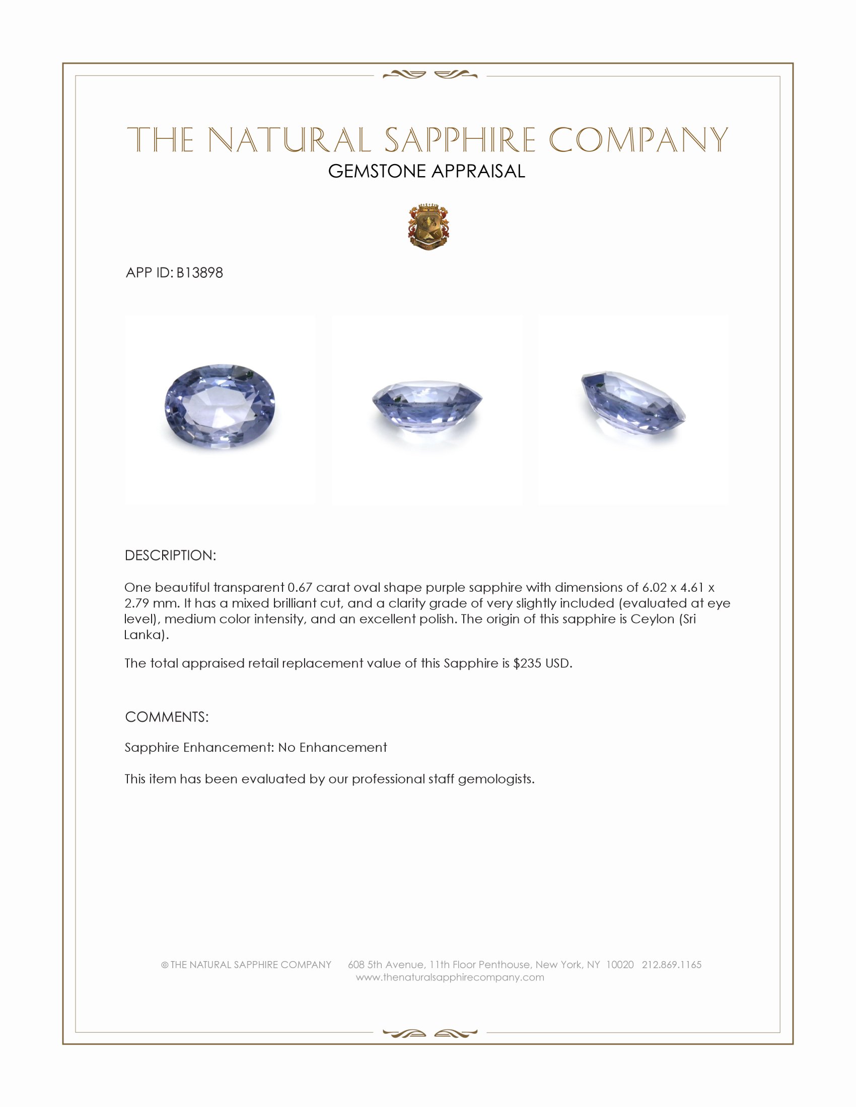 0.67 Ct. Purple Sapphire from Ceylon (Sri Lanka)