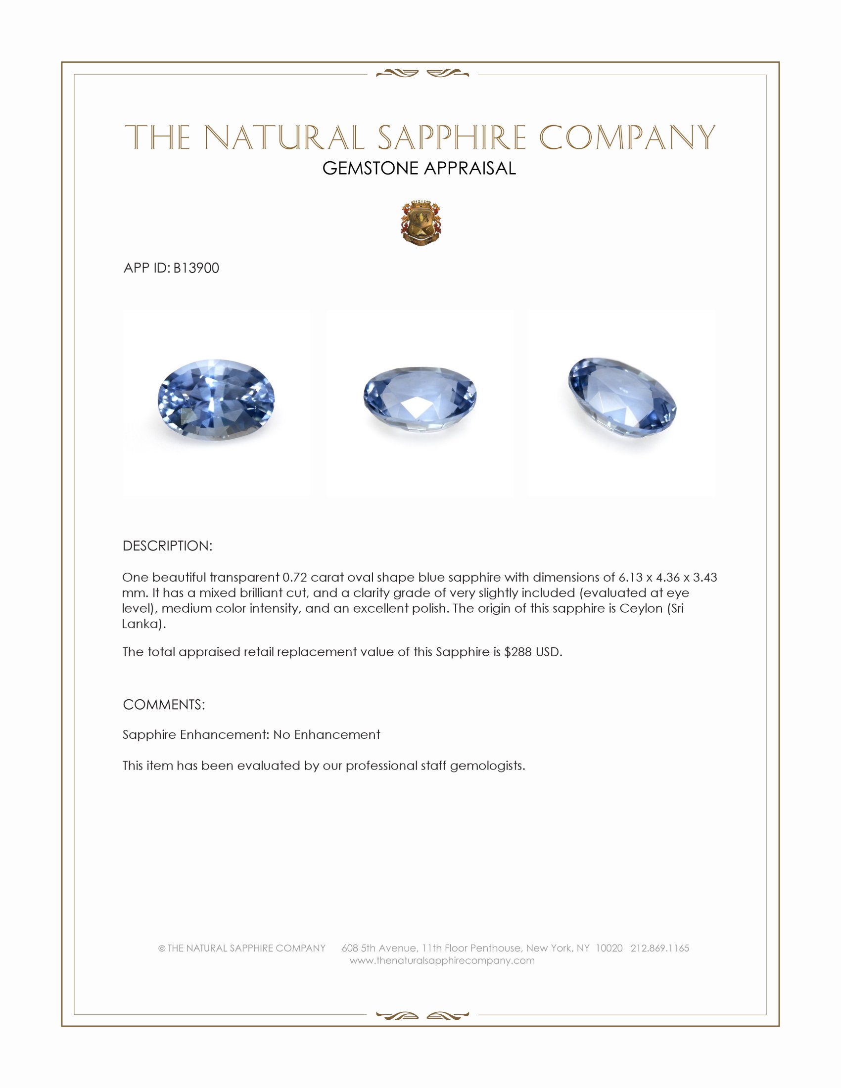 0.72 Ct. Blue Sapphire from Ceylon (Sri Lanka)