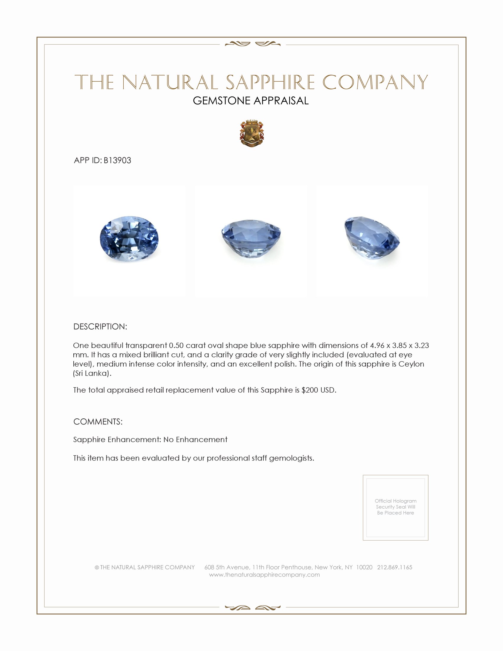 0.50 Ct. Blue Sapphire from Ceylon (Sri Lanka)
