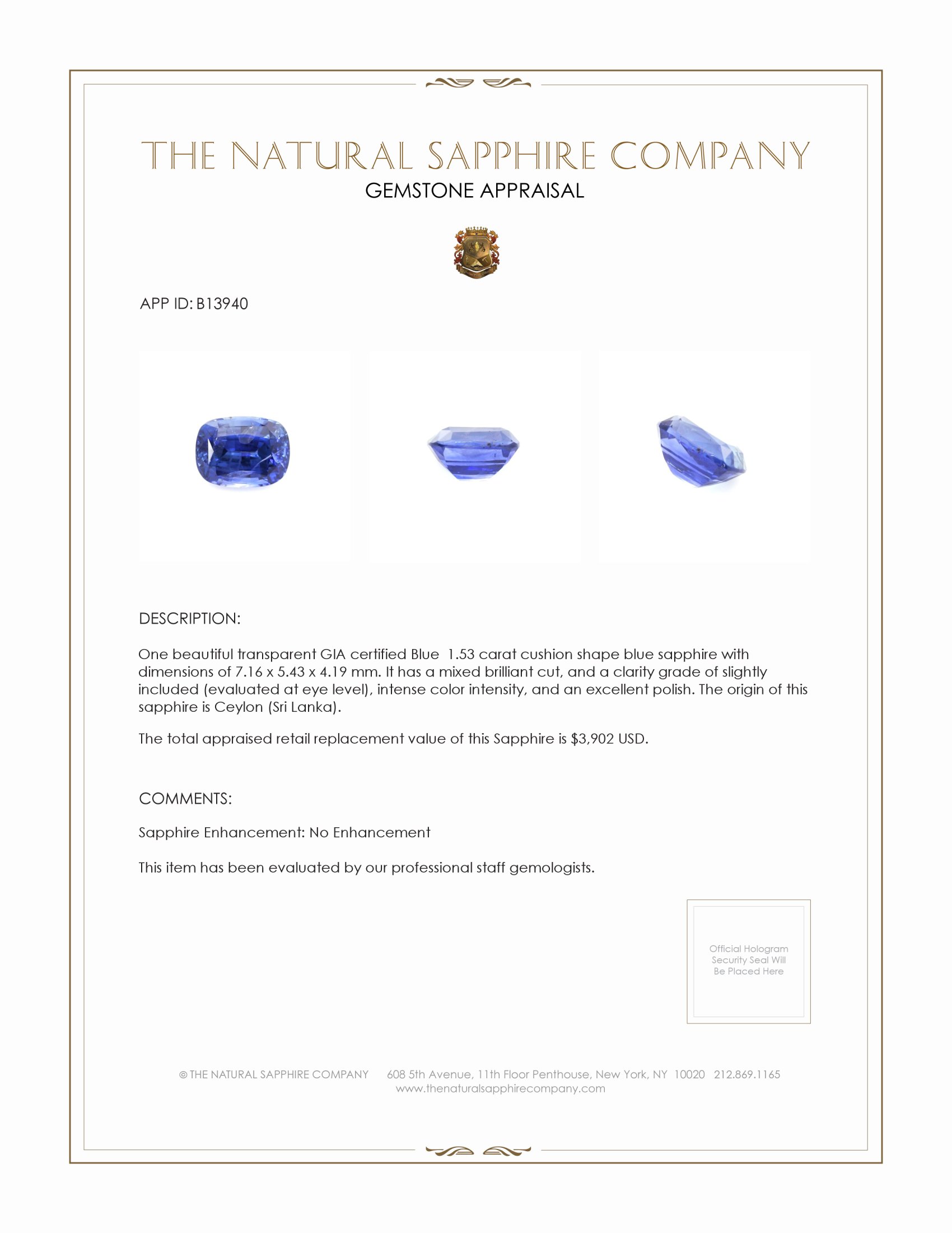 1.53 Ct. Blue Sapphire from Ceylon (Sri Lanka)
