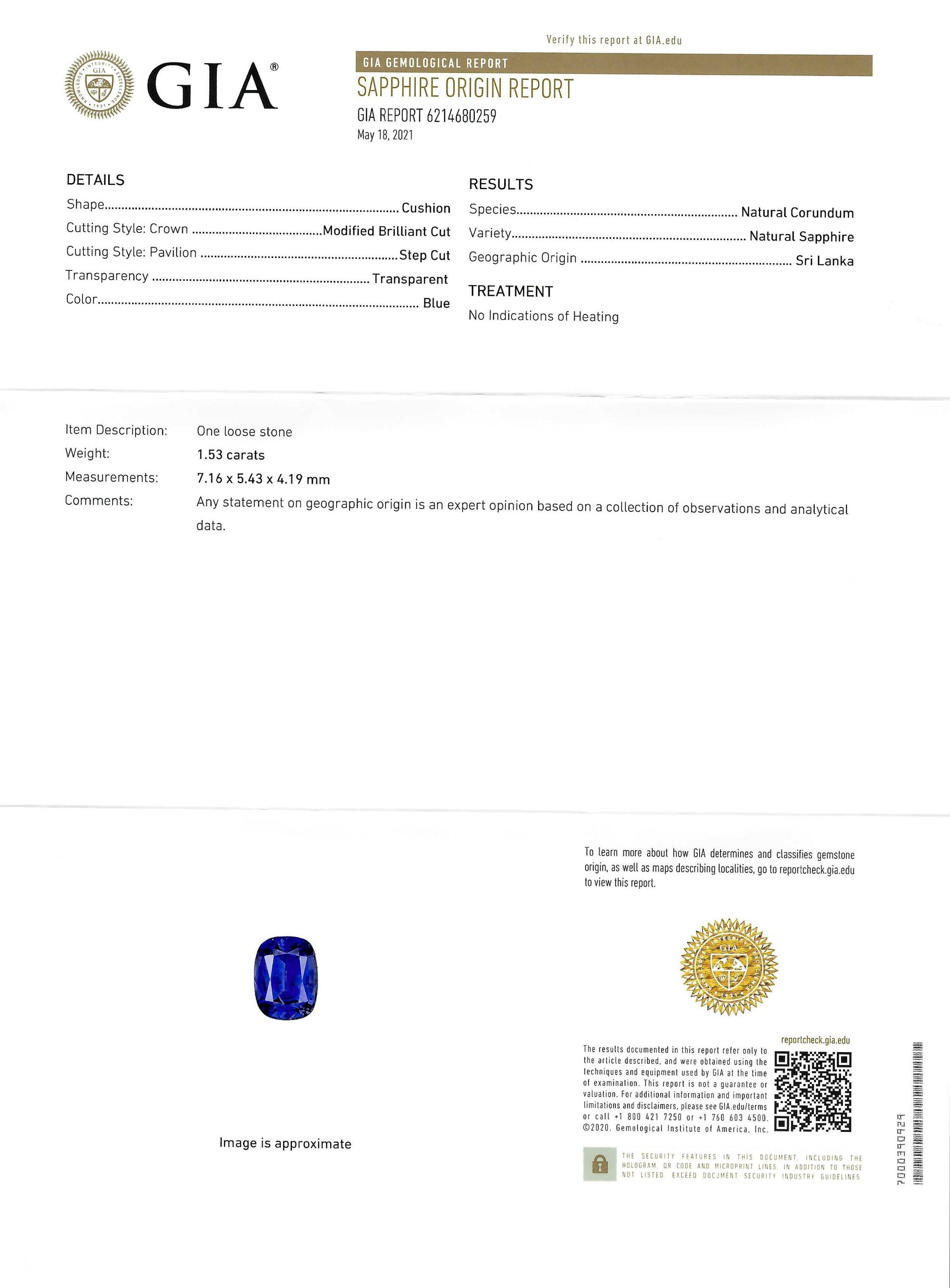 1.53 Ct. Blue Sapphire from Ceylon (Sri Lanka)