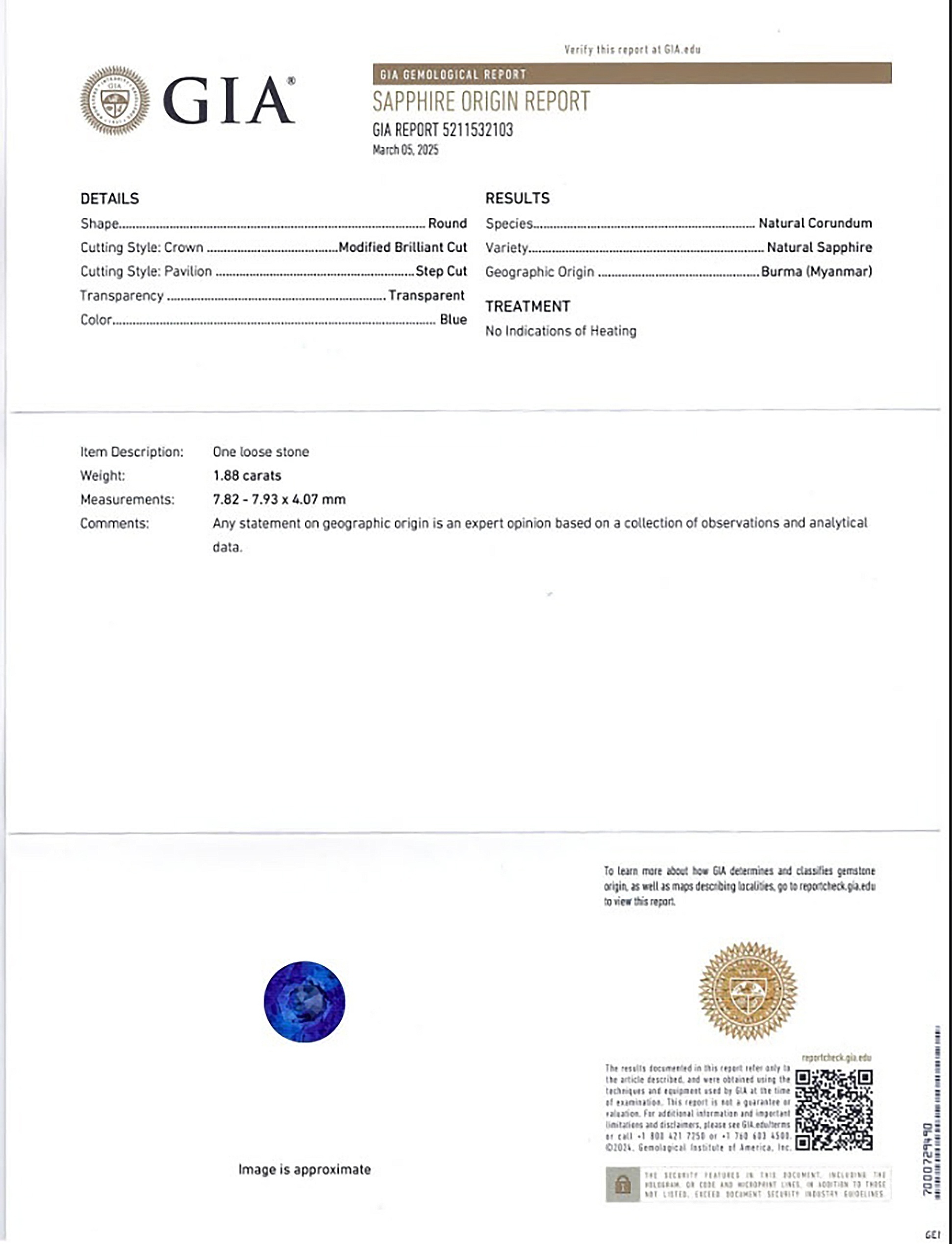 1.88 Ct. Blue Sapphire from Burma (Myanmar)