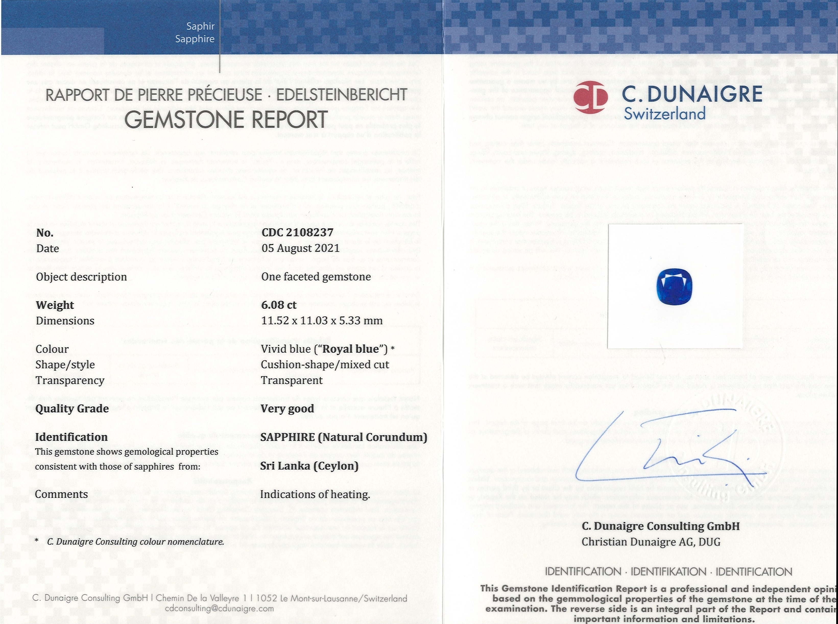 6.08 Ct. Blue Sapphire from Ceylon (Sri Lanka)