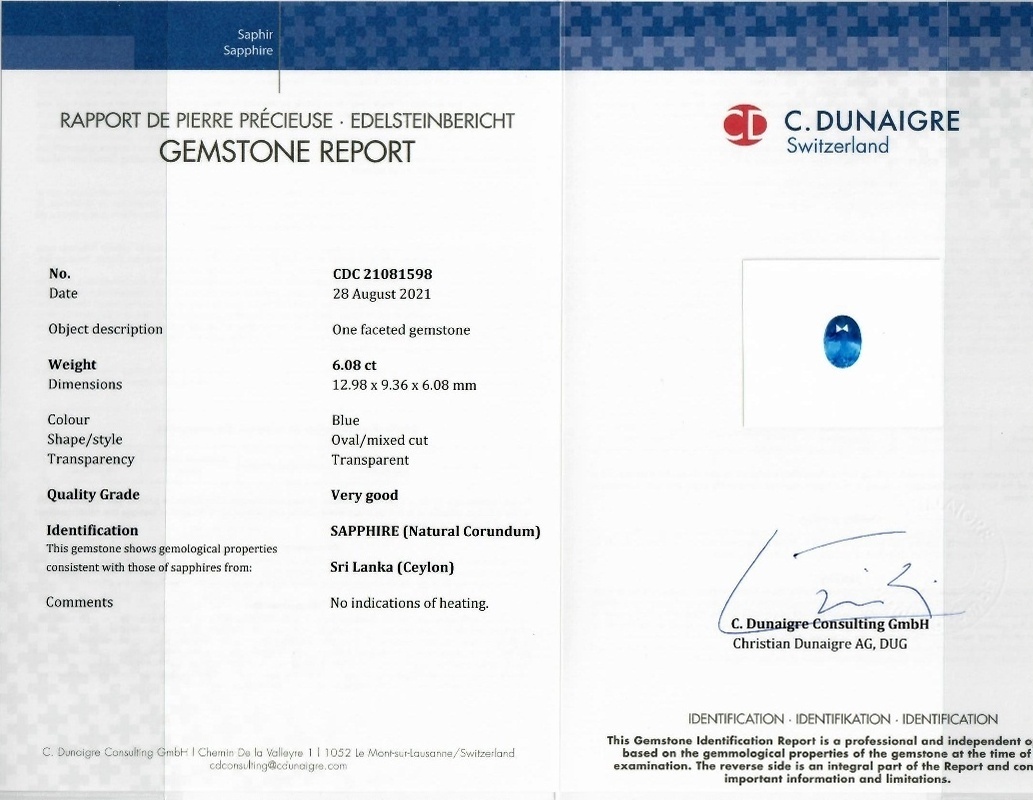 6.08 Ct. Blue Sapphire from Ceylon (Sri Lanka)