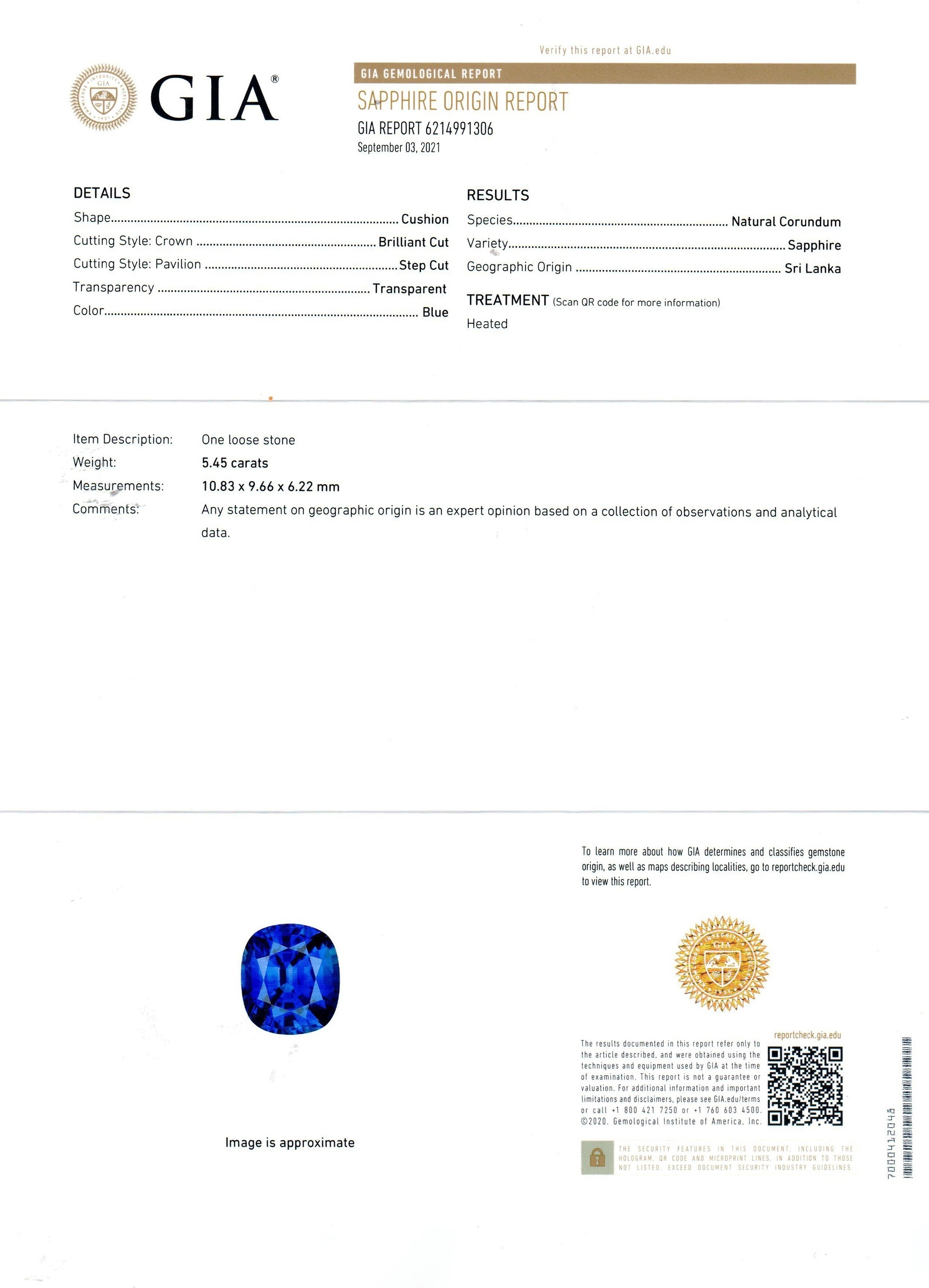 5.45 Ct. Blue Sapphire from Ceylon (Sri Lanka)