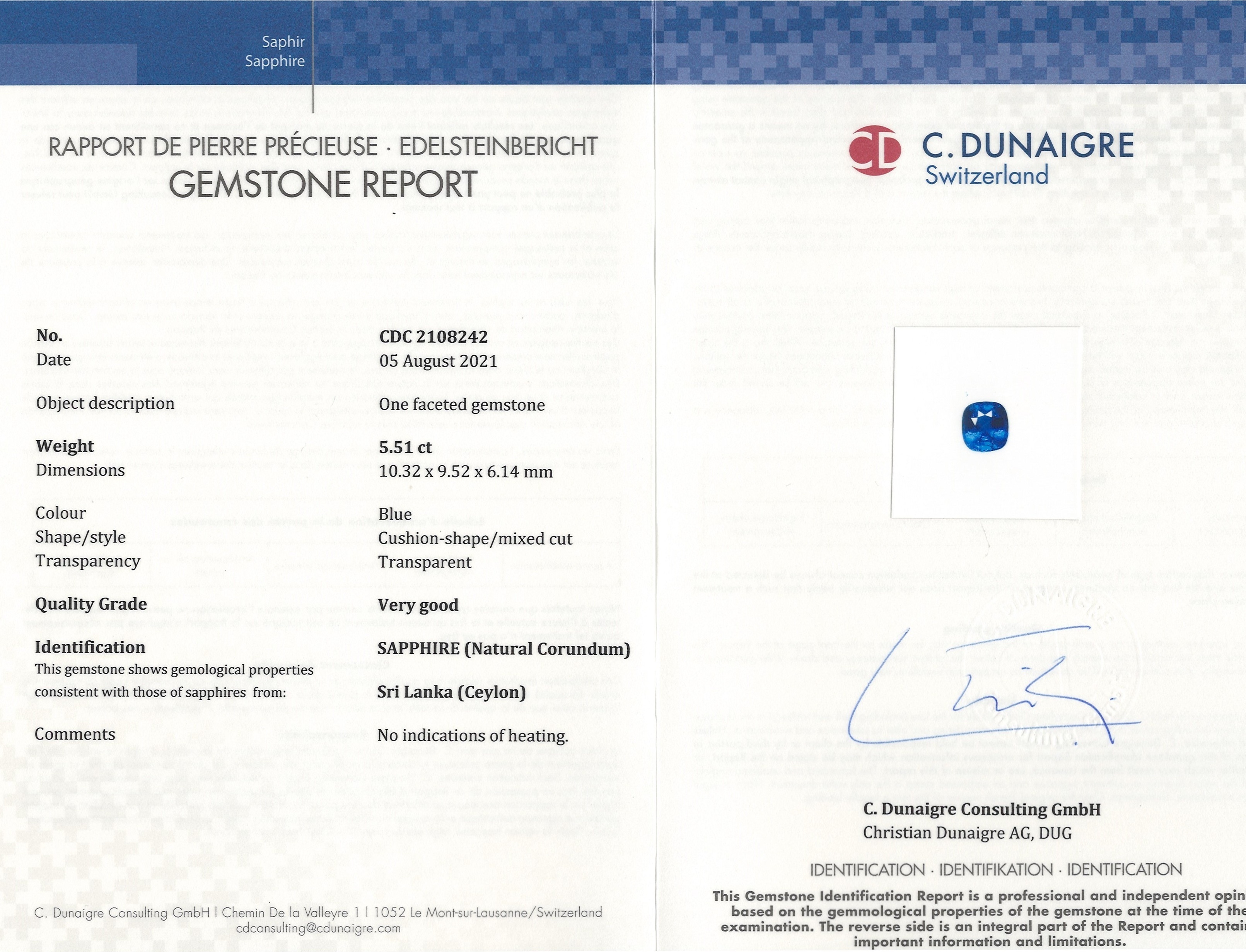 5.51 Ct. Blue Sapphire from Ceylon (Sri Lanka)