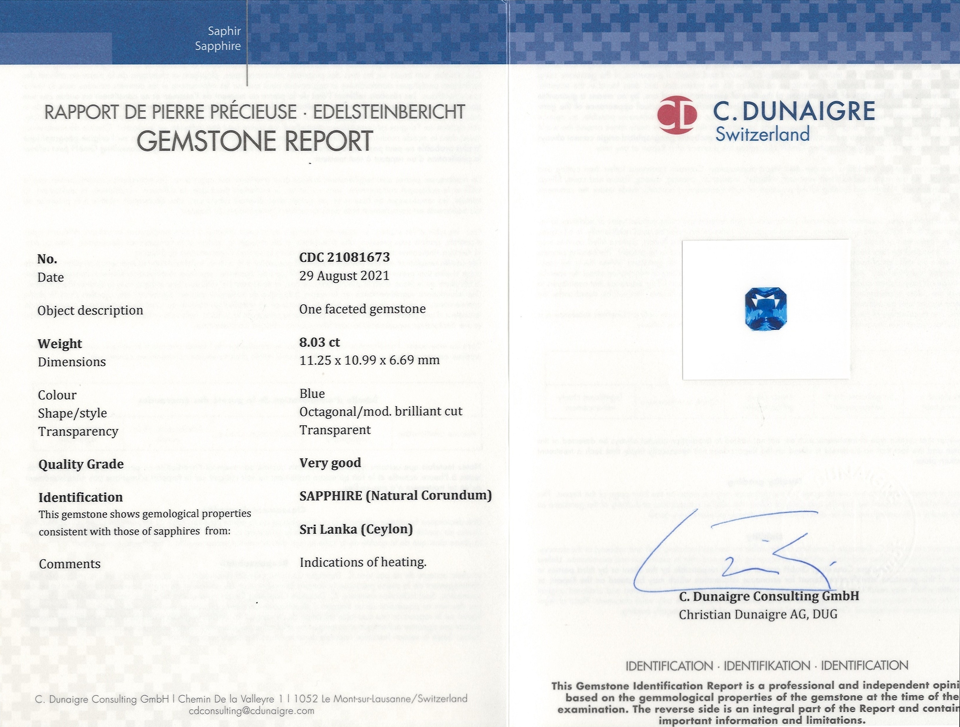 8.03 Ct. Blue Sapphire from Ceylon (Sri Lanka)