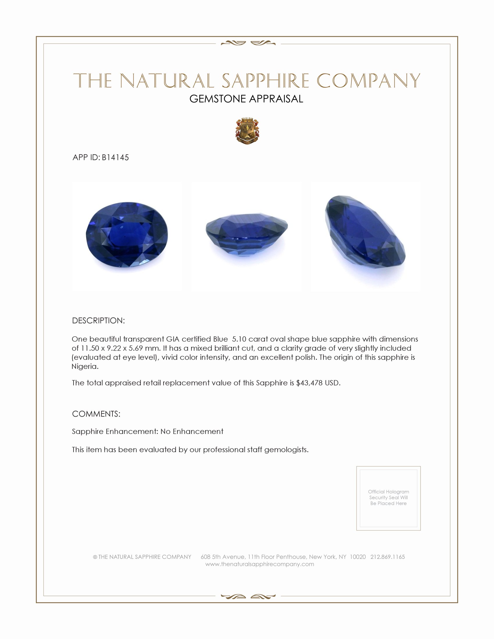 5.10 Ct. Blue Sapphire from Nigeria