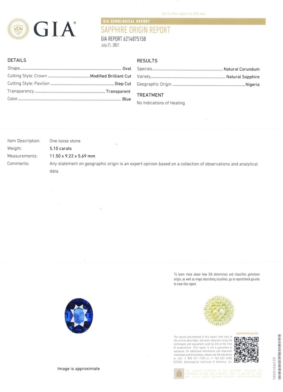 5.10 Ct. Blue Sapphire from Nigeria