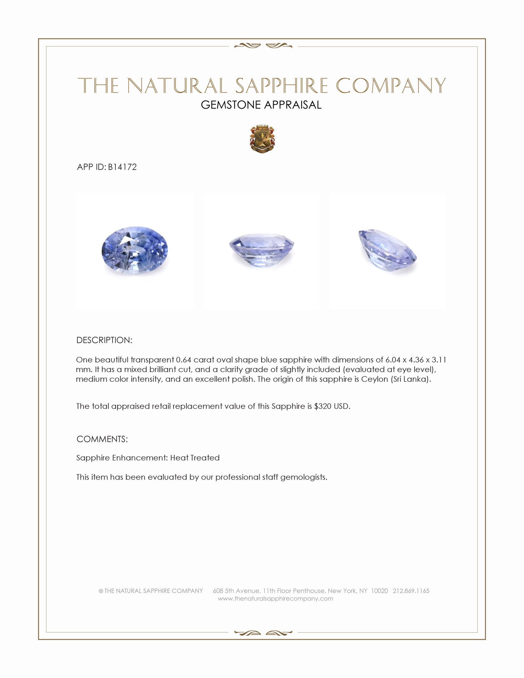 0.64 Ct. Blue Sapphire from Ceylon (Sri Lanka)