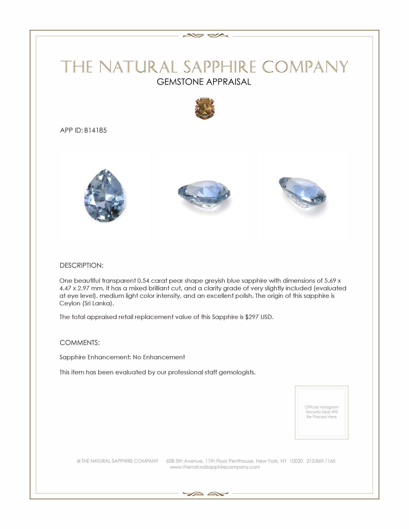 0.54 Ct. Greyish Blue Sapphire from Ceylon (Sri Lanka)