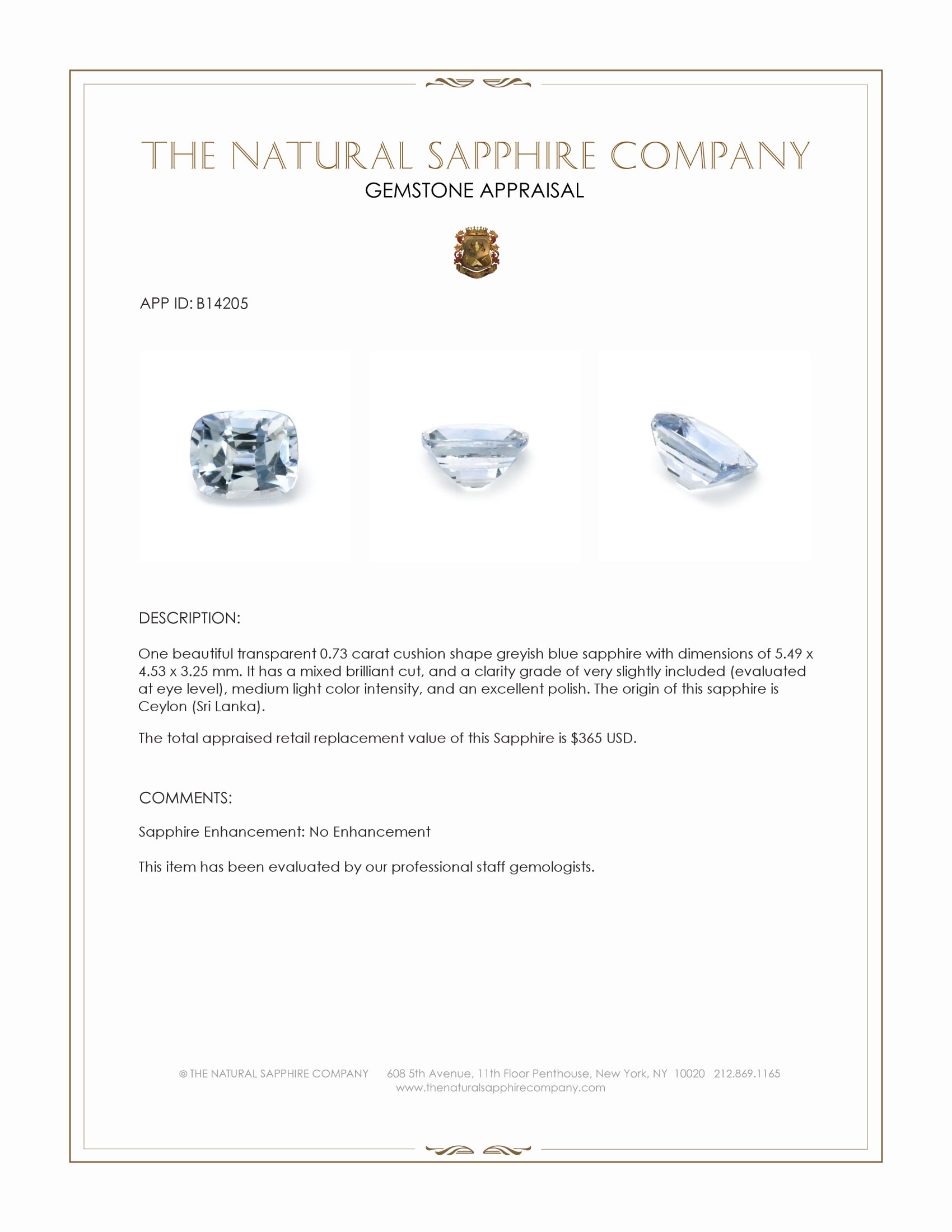 0.73 Ct. Greyish Blue Sapphire from Ceylon (Sri Lanka)