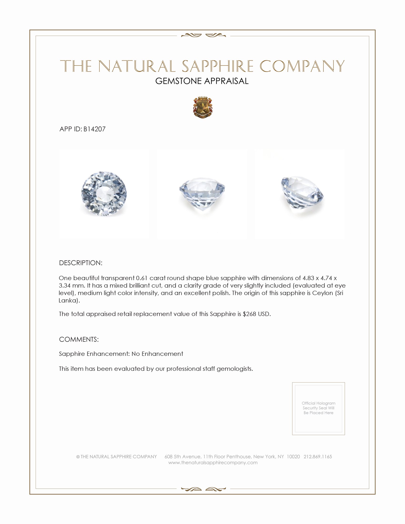 0.61 Ct. Blue Sapphire from Ceylon (Sri Lanka)