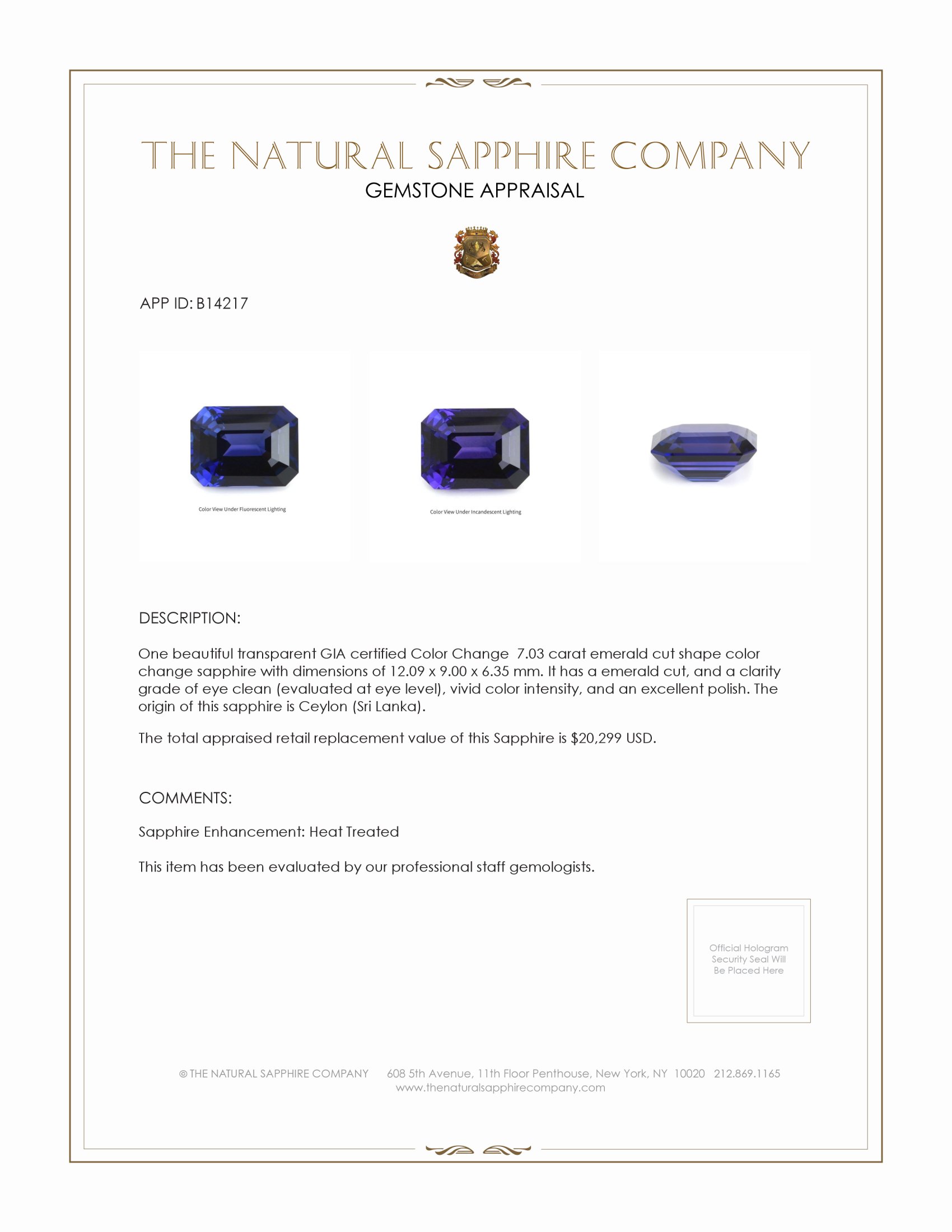7.03 Ct. Color Change Sapphire from Ceylon (Sri Lanka)