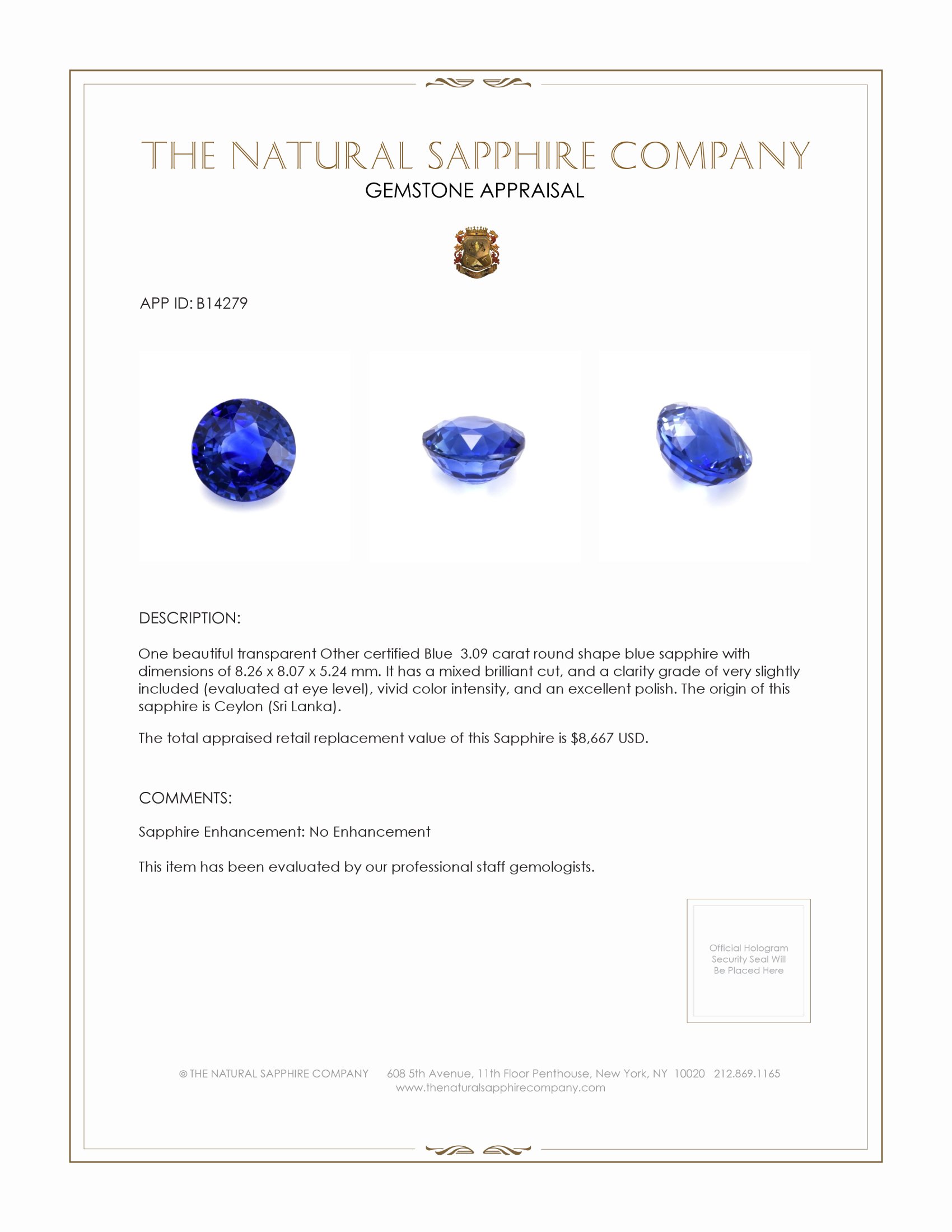3.09 Ct. Blue Sapphire from Ceylon (Sri Lanka)