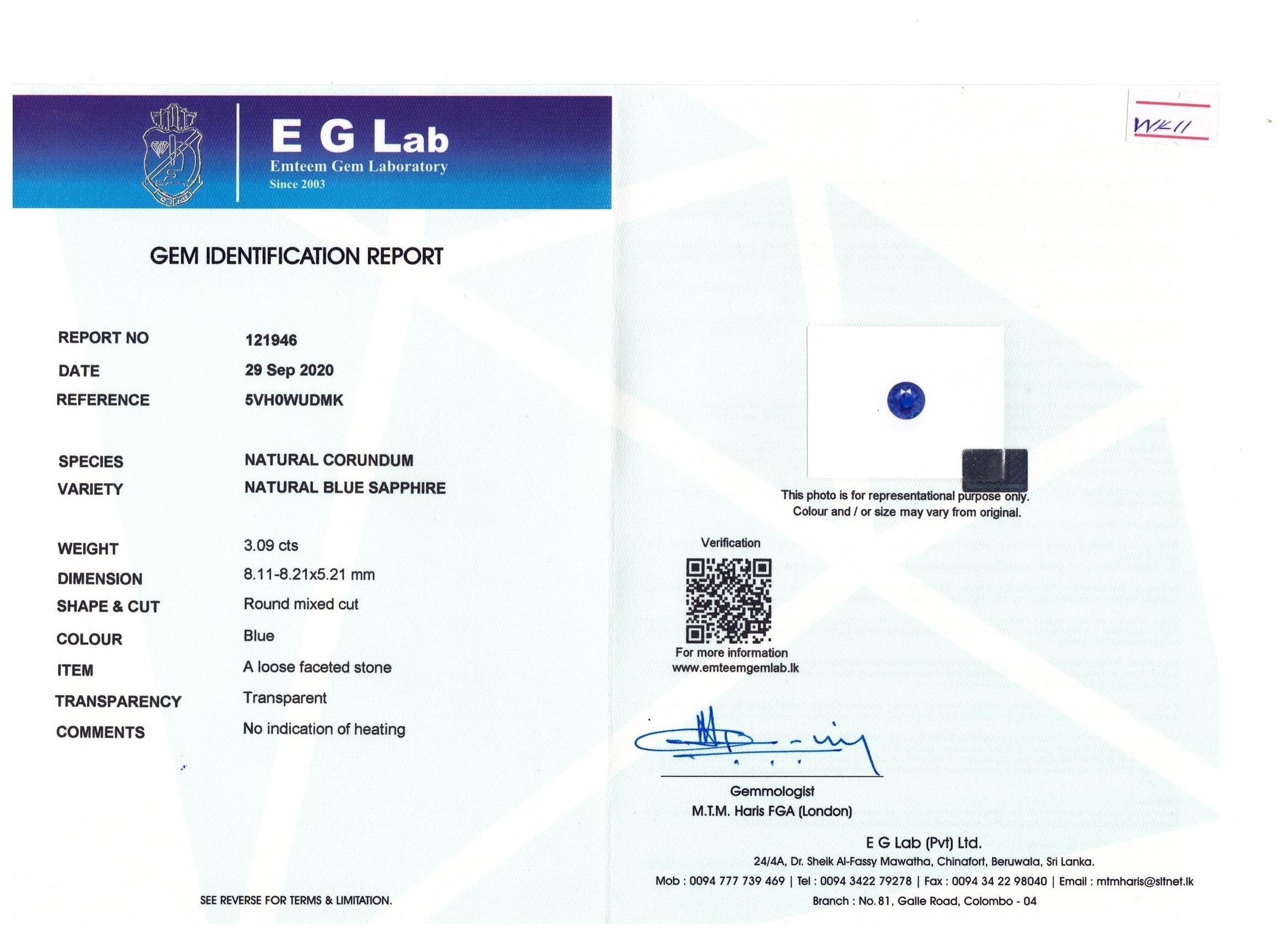 3.09 Ct. Blue Sapphire from Ceylon (Sri Lanka)