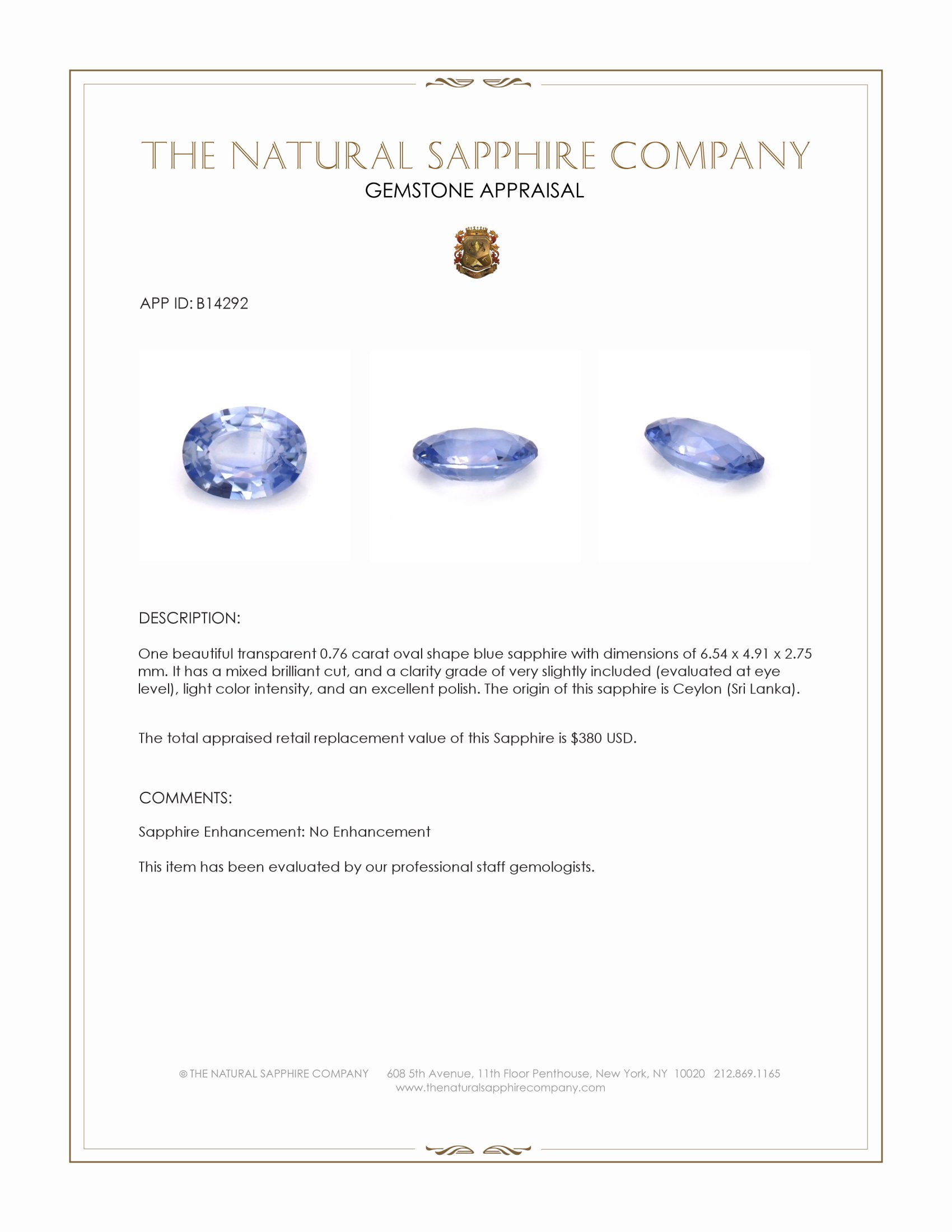 0.76 Ct. Blue Sapphire from Ceylon (Sri Lanka)