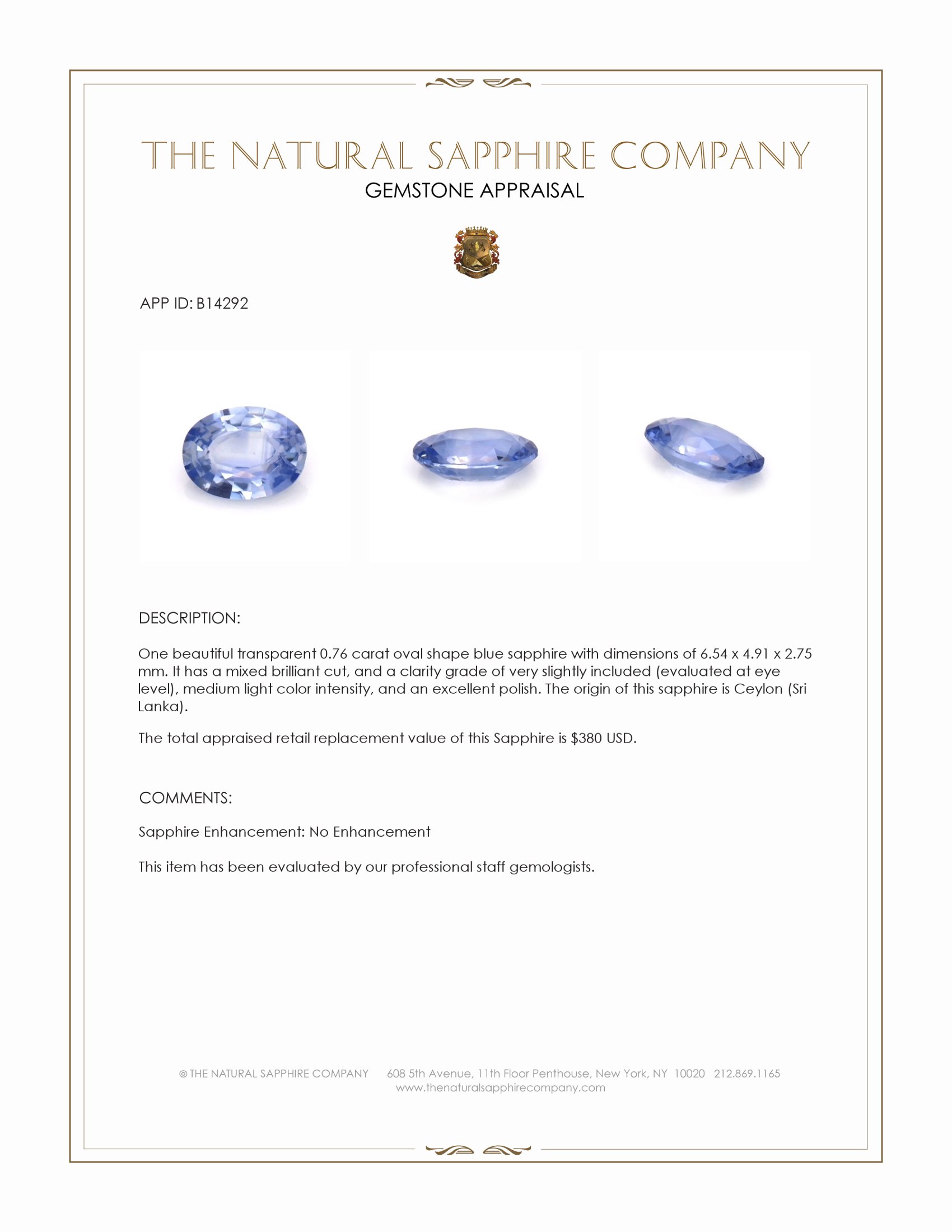 0.76 Ct. Blue Sapphire from Ceylon (Sri Lanka)