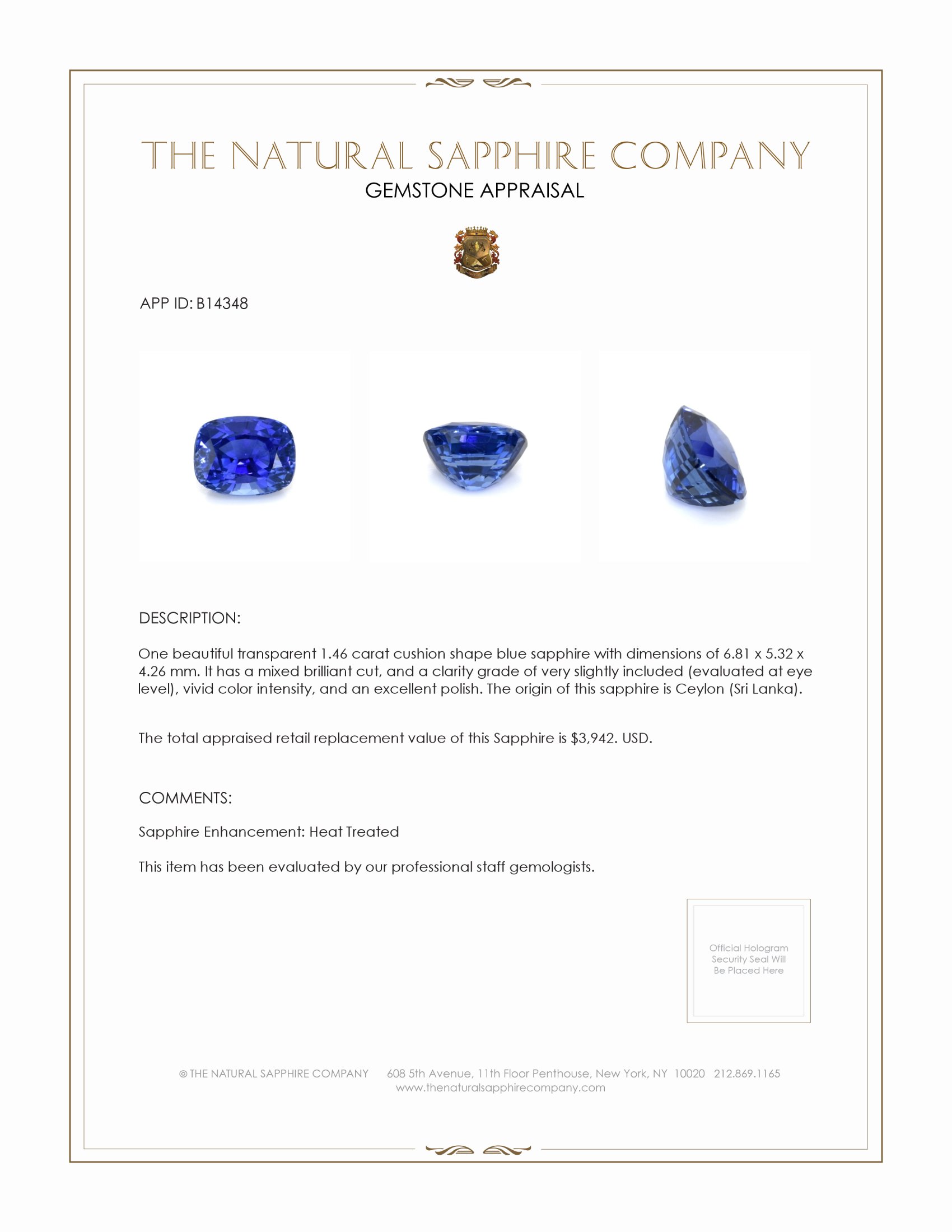 1.46 Ct. Blue Sapphire from Ceylon (Sri Lanka)