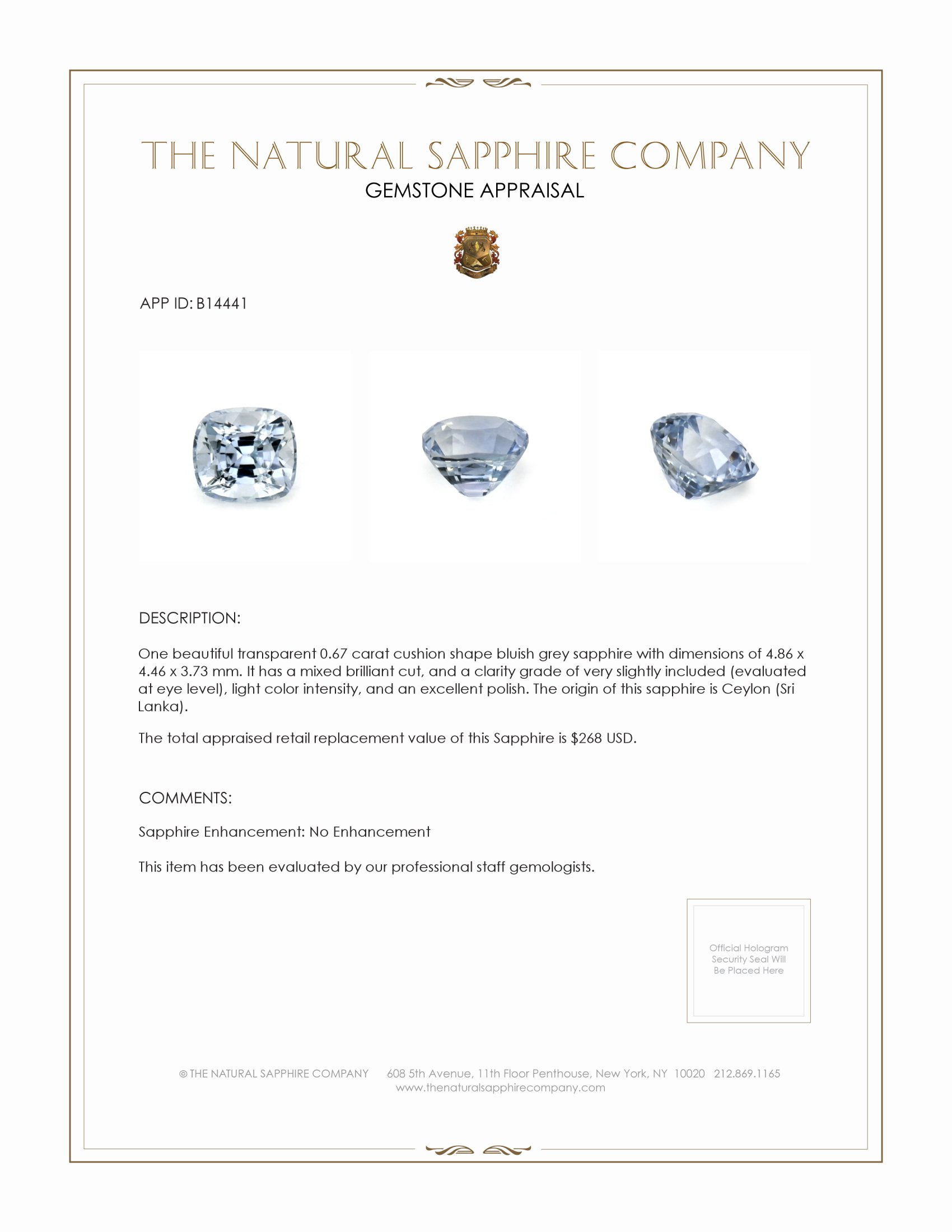 0.67 Ct. Bluish Grey Sapphire from Ceylon (Sri Lanka)