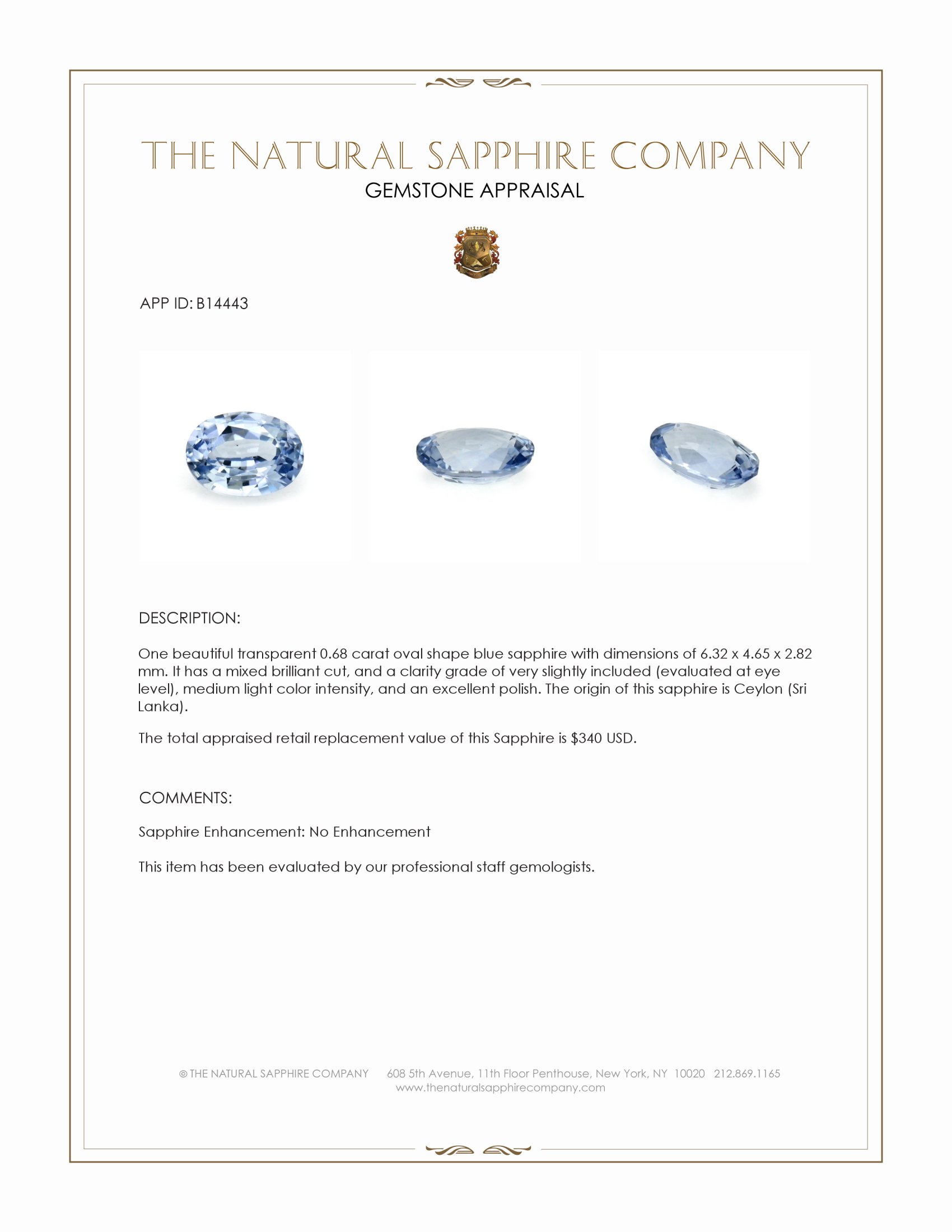 0.68 Ct. Blue Sapphire from Ceylon (Sri Lanka)