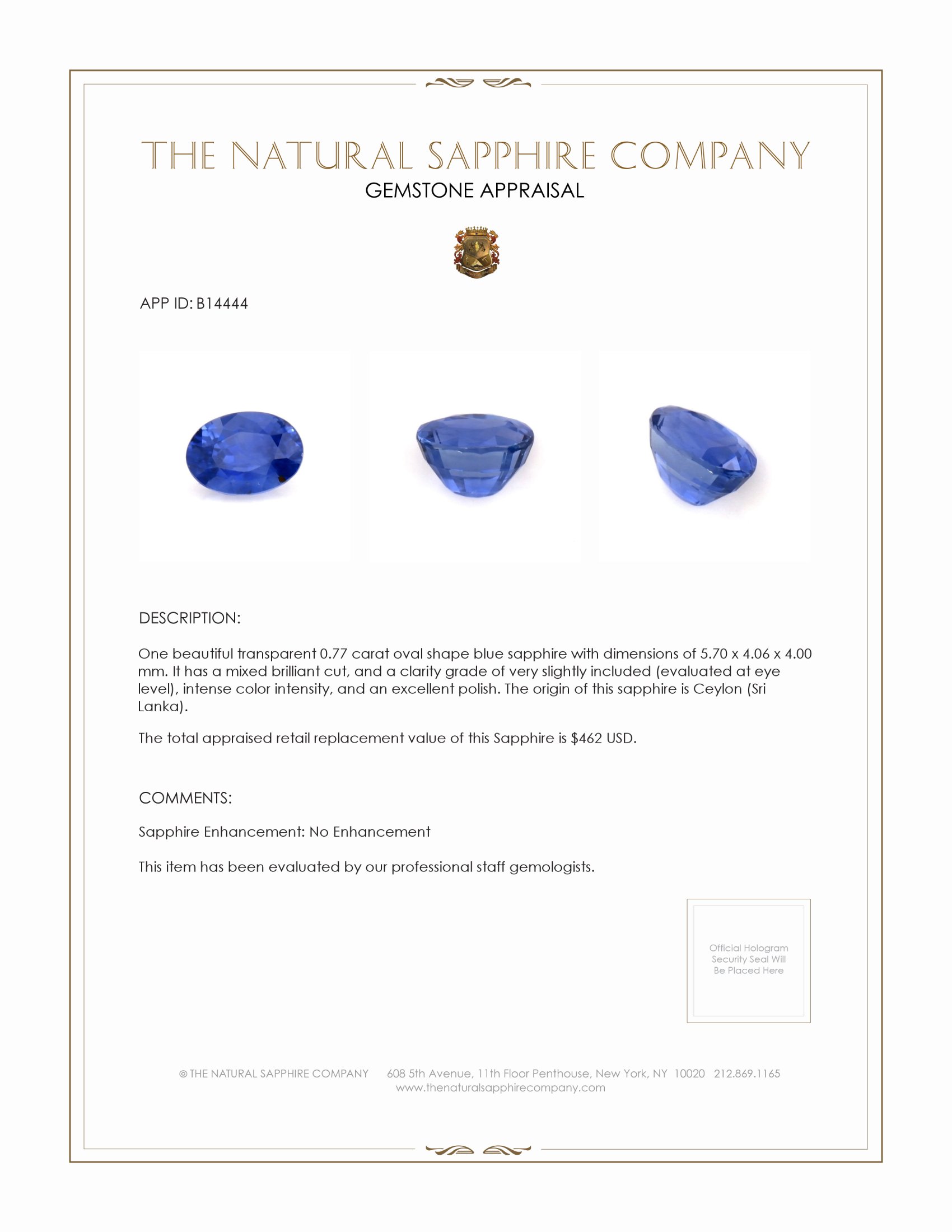 0.77 Ct. Blue Sapphire from Ceylon (Sri Lanka)