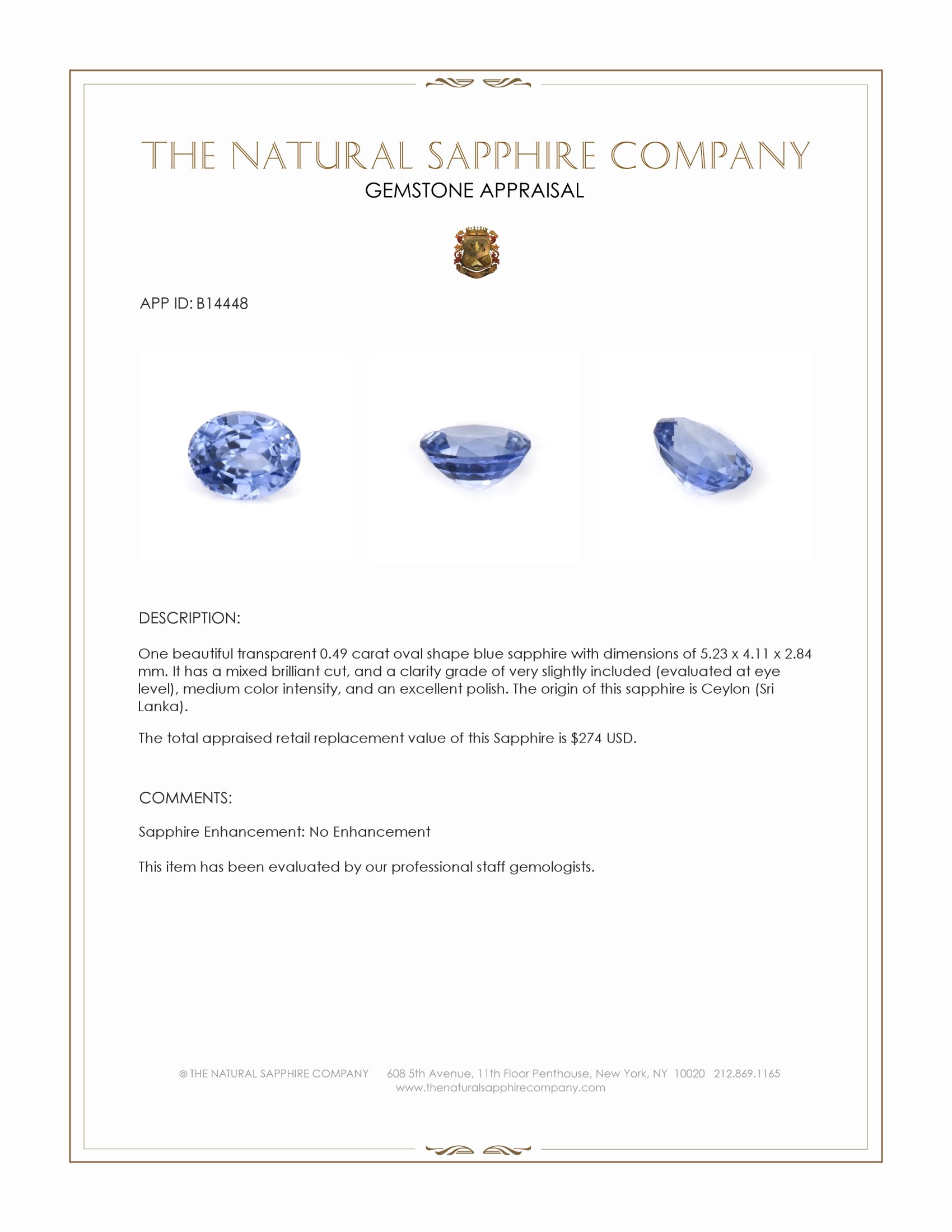 0.49 Ct. Blue Sapphire from Ceylon (Sri Lanka)