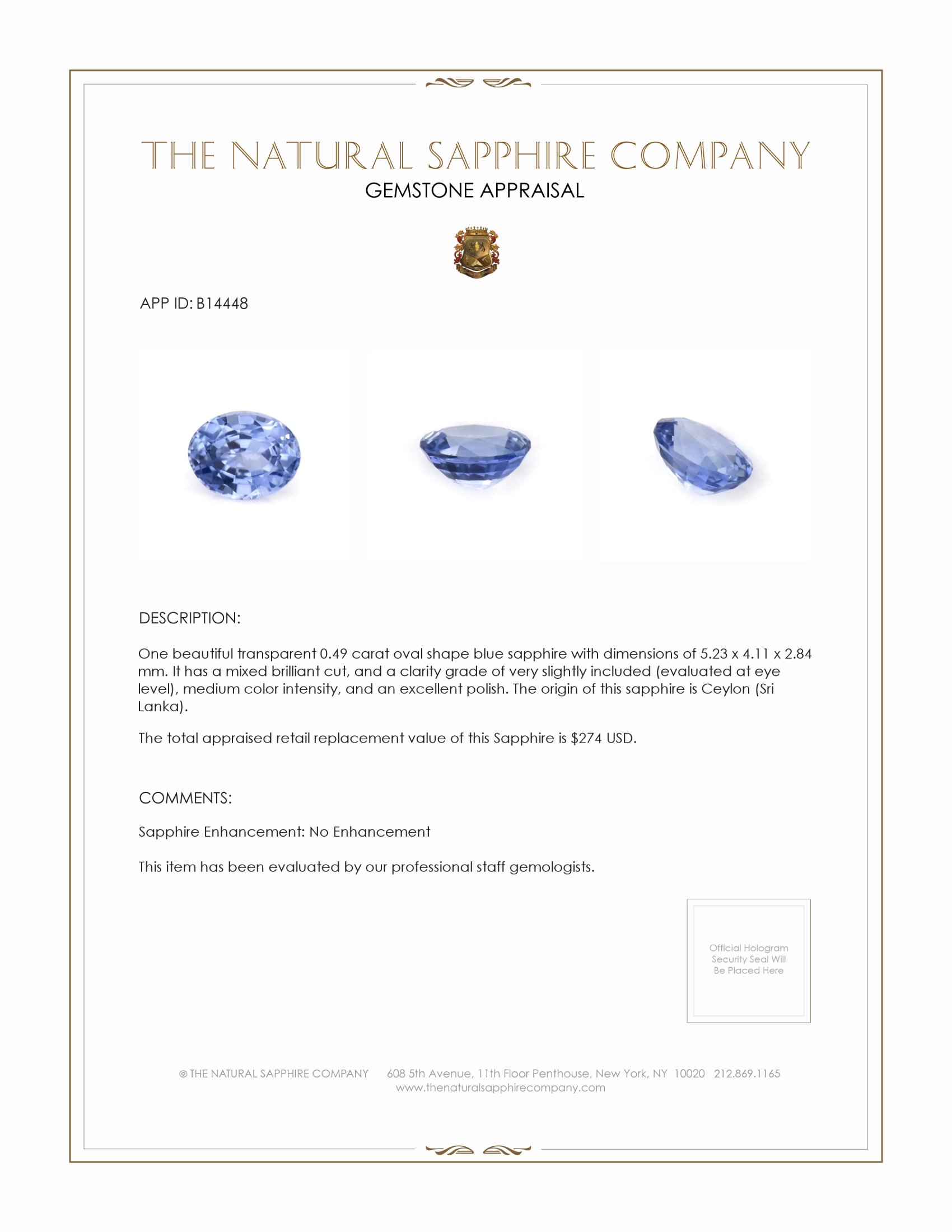 0.49 Ct. Blue Sapphire from Ceylon (Sri Lanka)