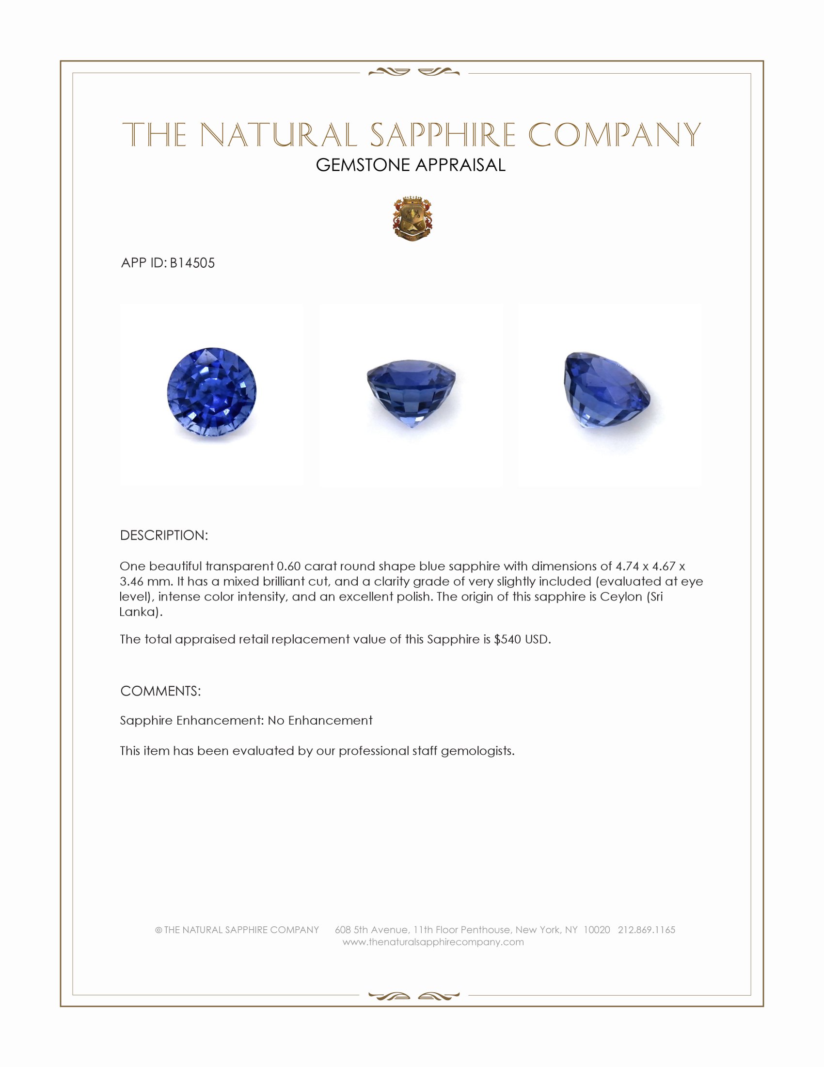 0.60 Ct. Blue Sapphire from Ceylon (Sri Lanka)