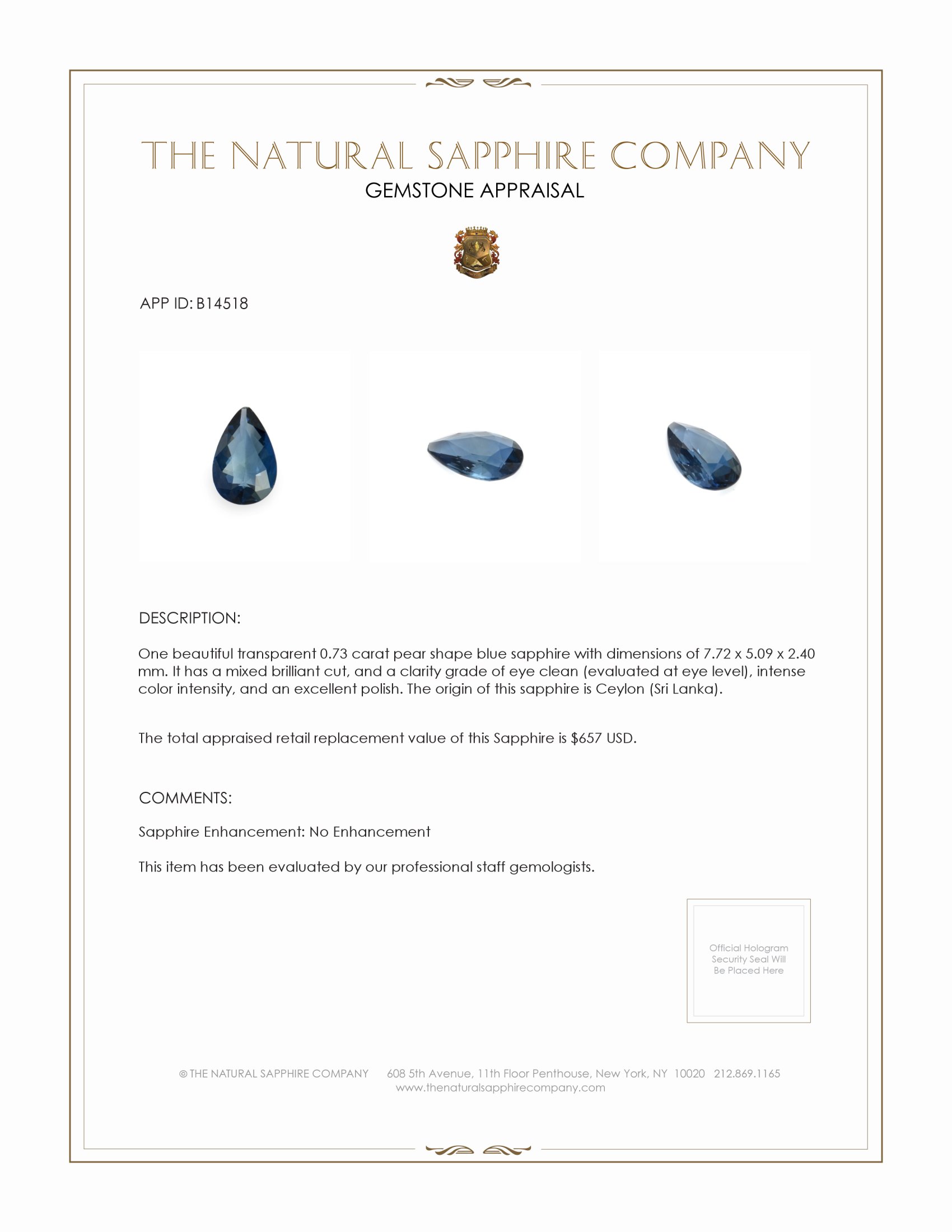 0.73 Ct. Blue Sapphire from Ceylon (Sri Lanka)