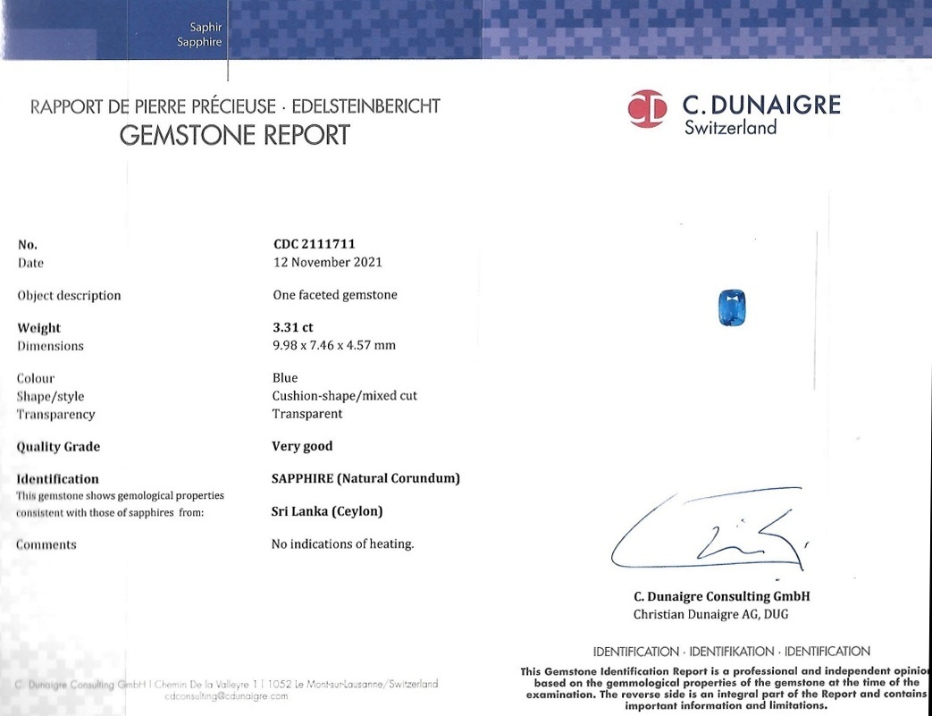 3.31 Ct. Blue Sapphire from Ceylon (Sri Lanka)