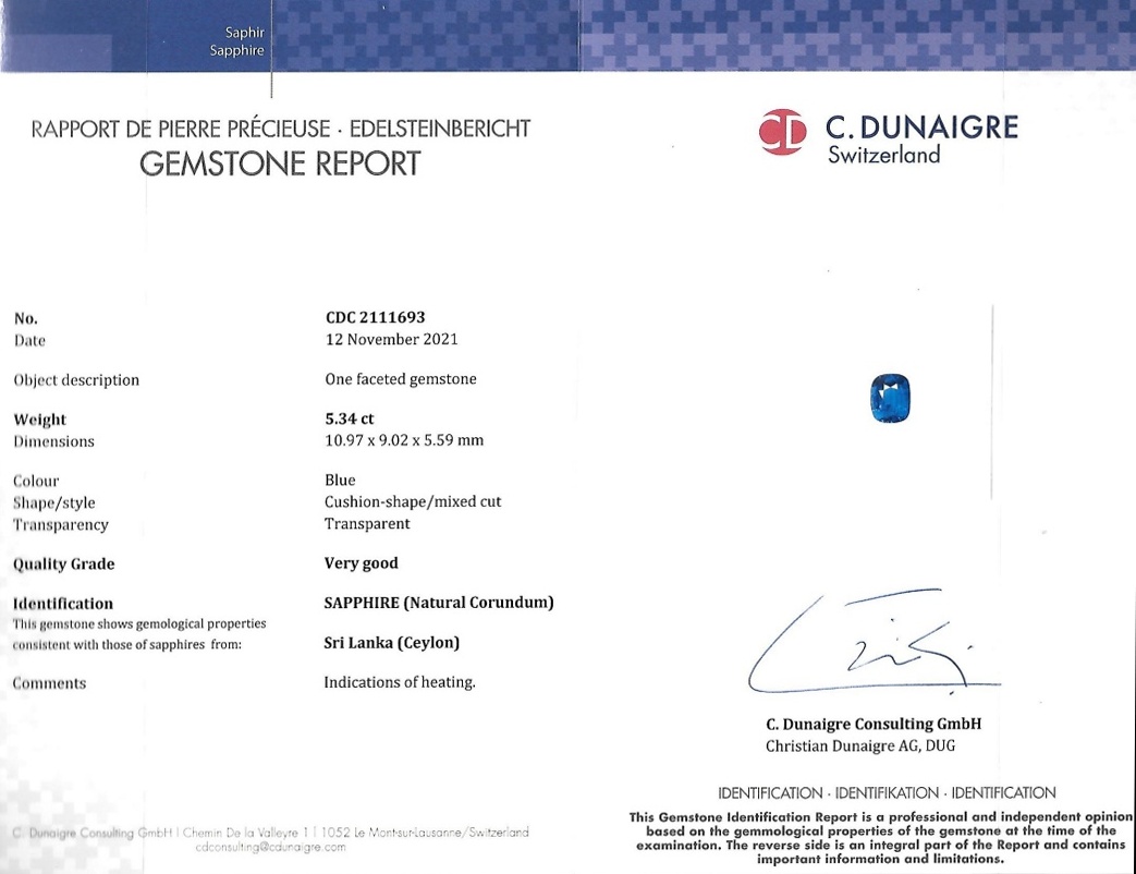 5.34 Ct. Blue Sapphire from Ceylon (Sri Lanka)