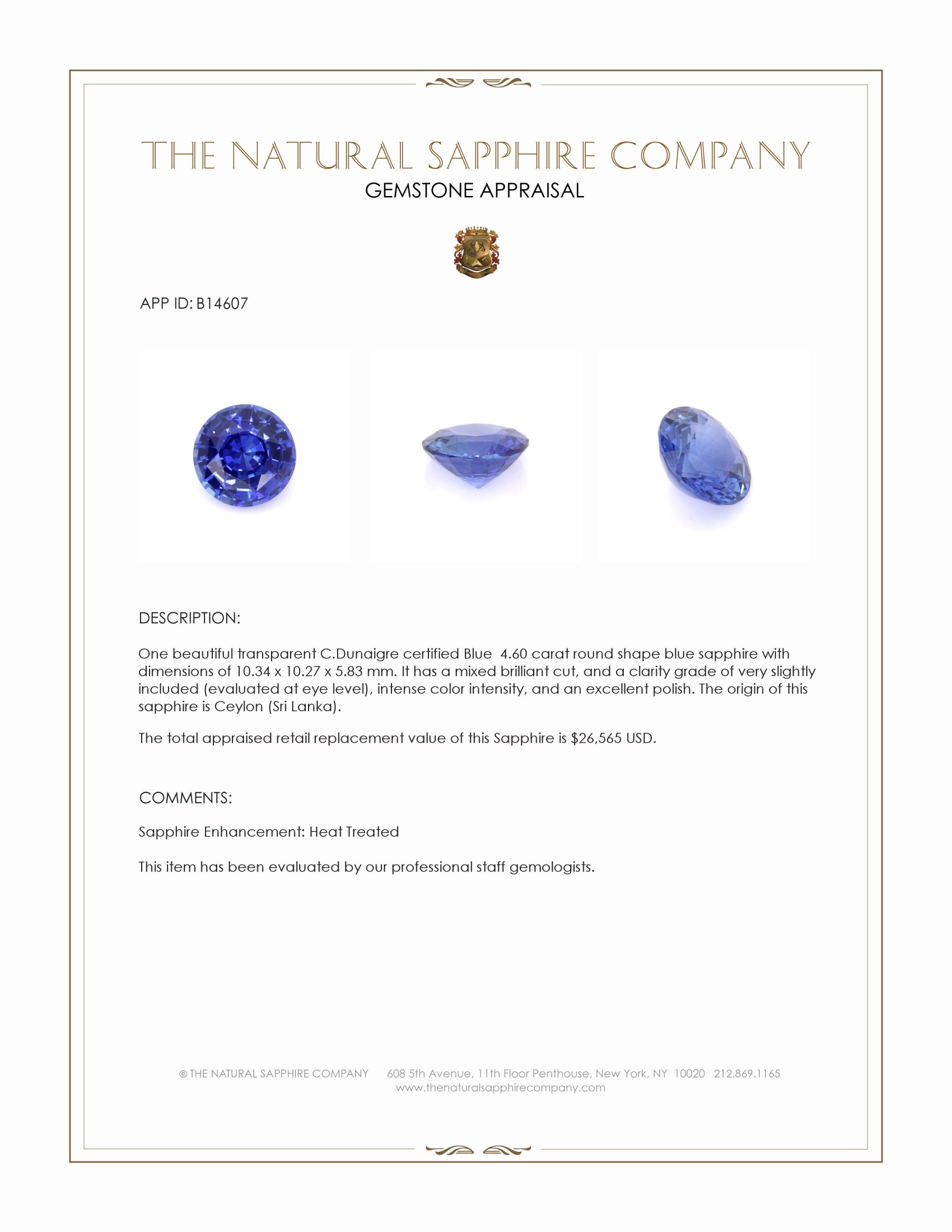 4.60 Ct. Blue Sapphire from Ceylon (Sri Lanka)