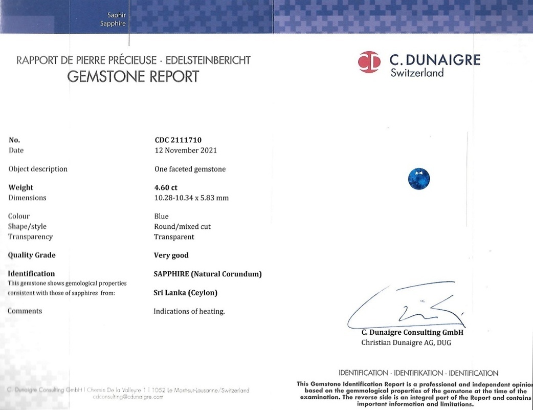 4.60 Ct. Blue Sapphire from Ceylon (Sri Lanka)