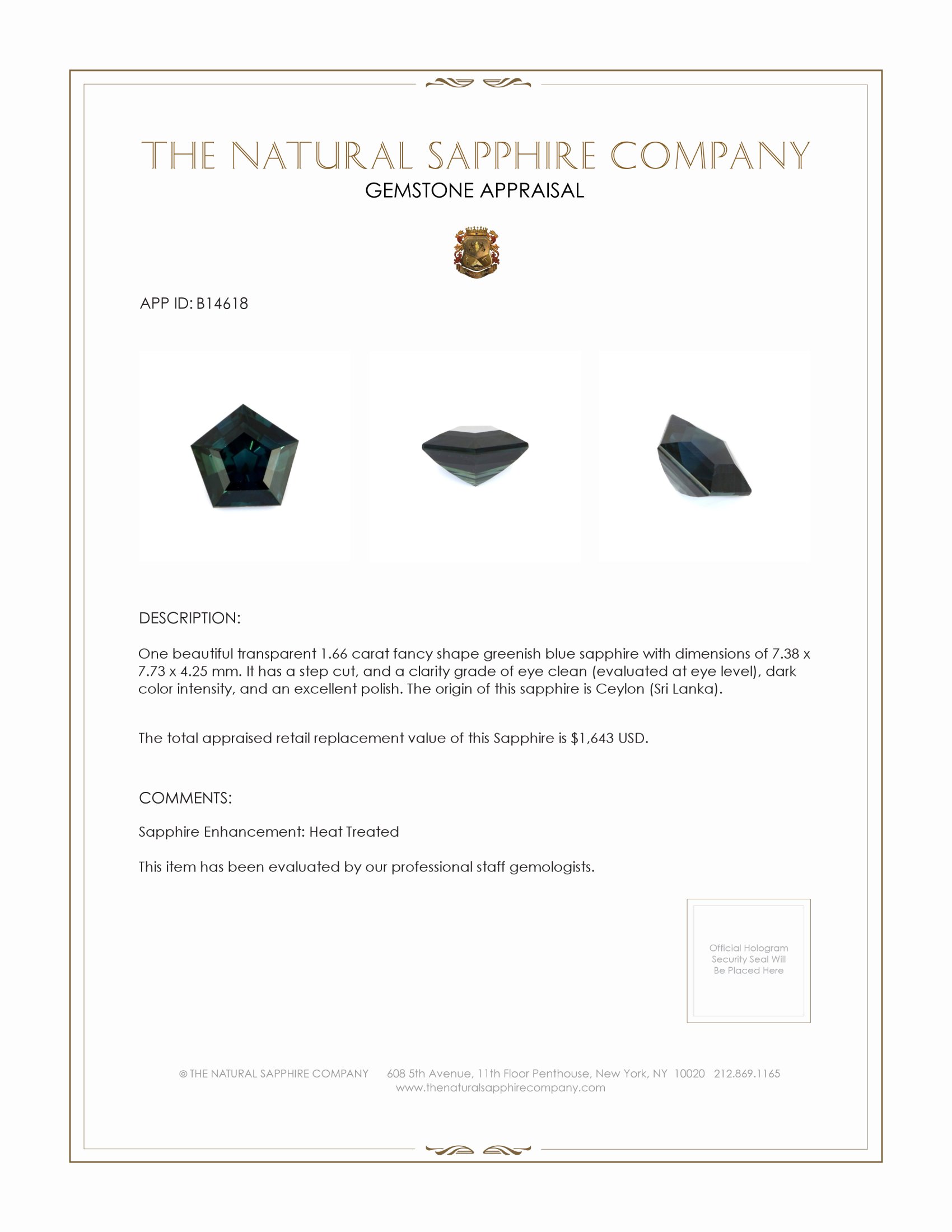 1.66 Ct. Bluish Green Sapphire from Ceylon (Sri Lanka)