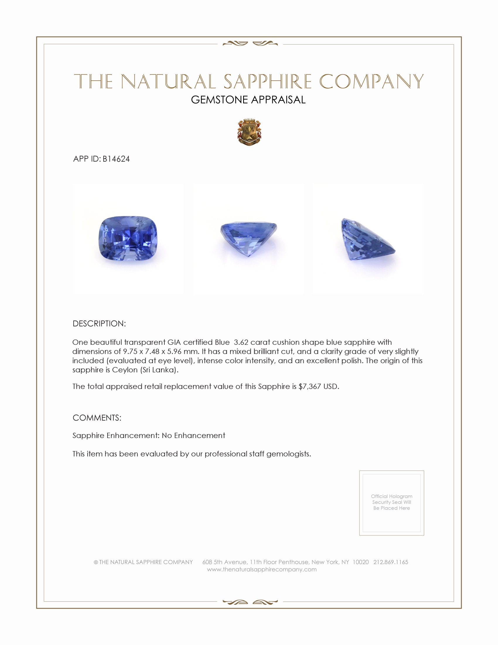 3.62 Ct. Blue Sapphire from Ceylon (Sri Lanka)