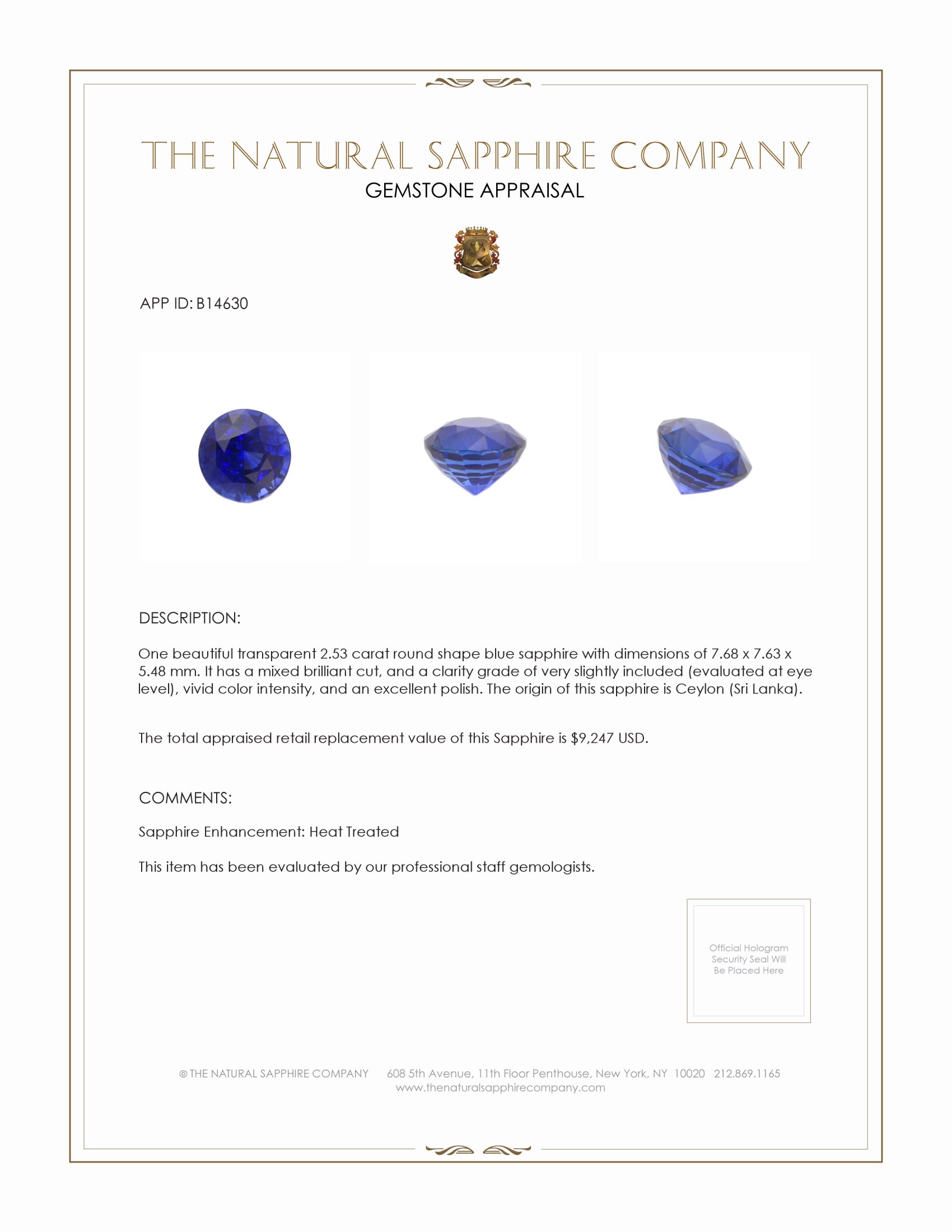 2.53 Ct. Blue Sapphire from Ceylon (Sri Lanka)