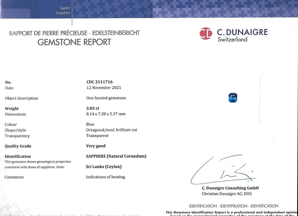 3.03 Ct. Blue Sapphire from Ceylon (Sri Lanka)
