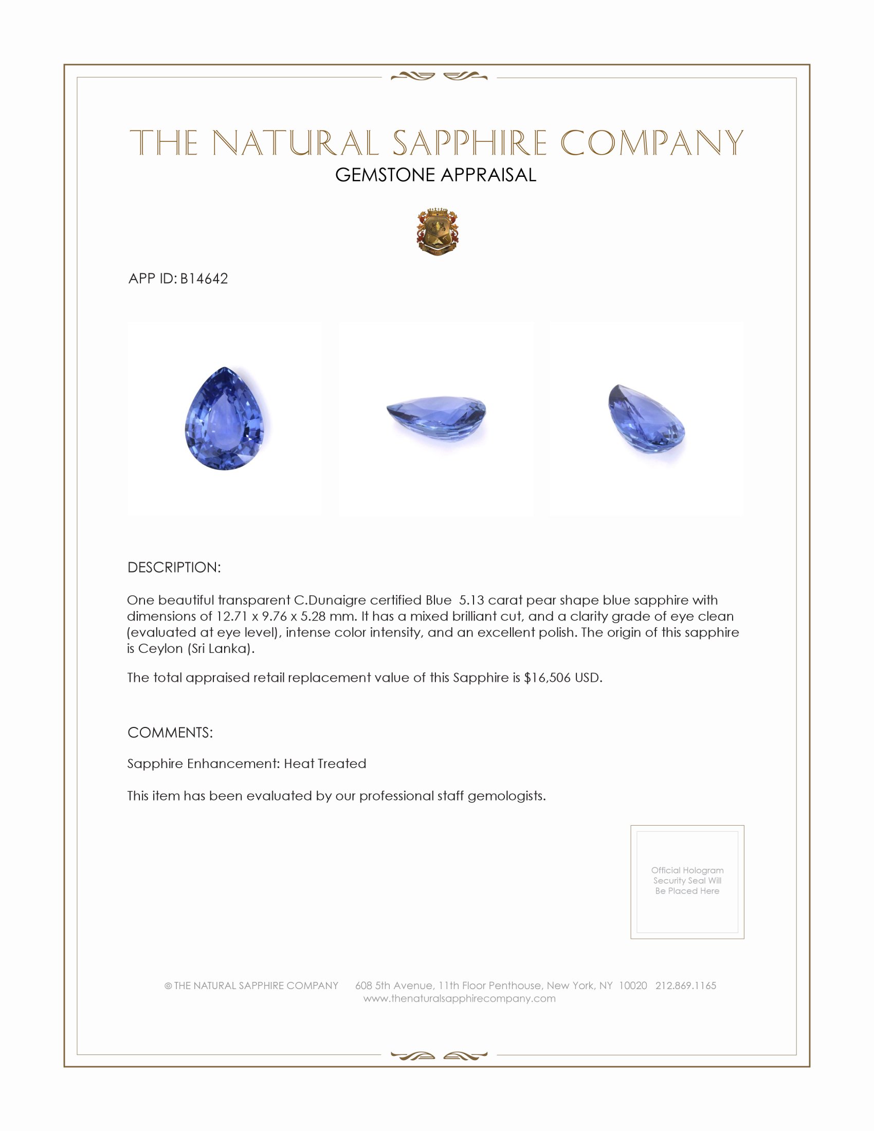 5.13 Ct. Blue Sapphire from Ceylon (Sri Lanka)