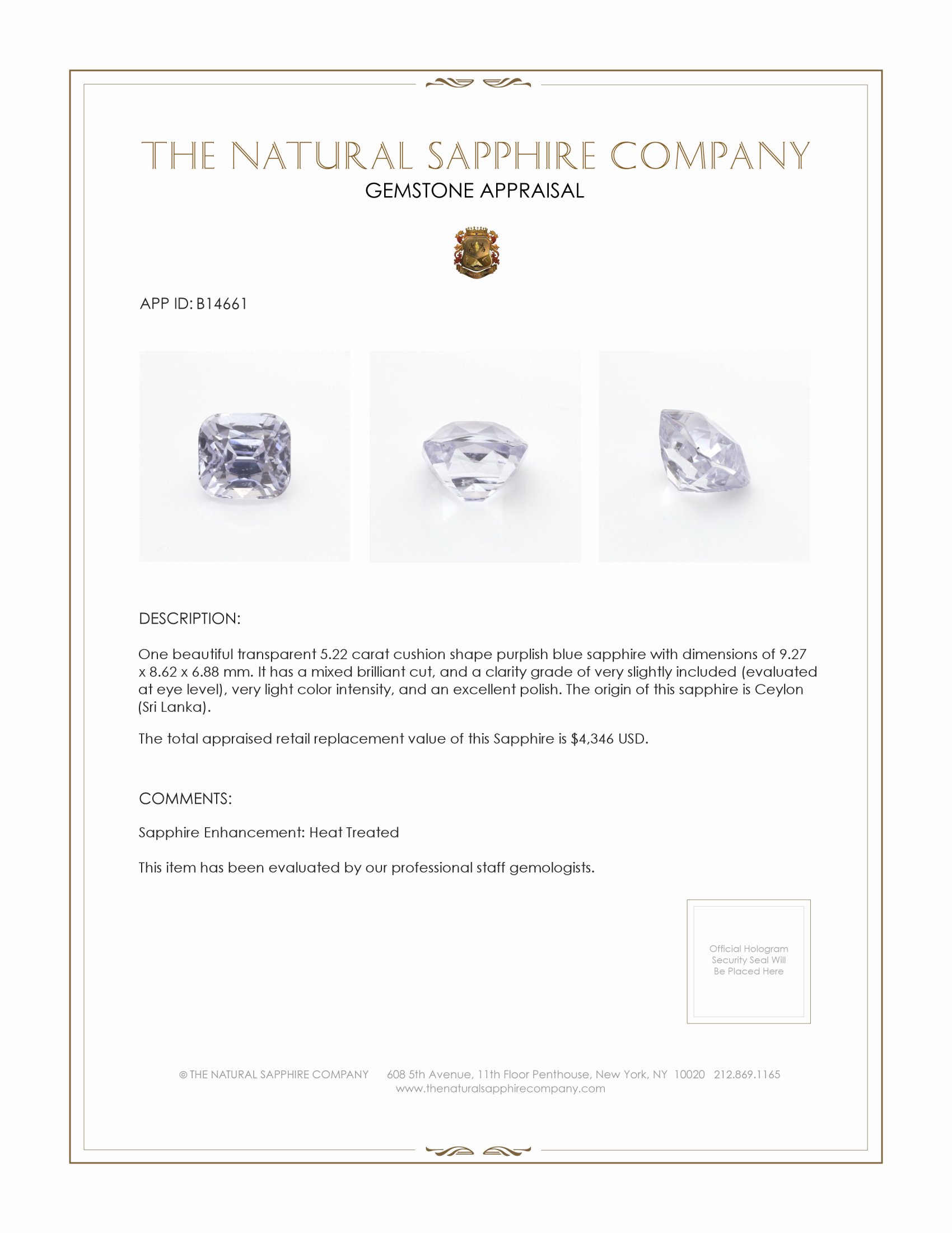 5.22 Ct. Purplish Blue Sapphire from Ceylon (Sri Lanka)