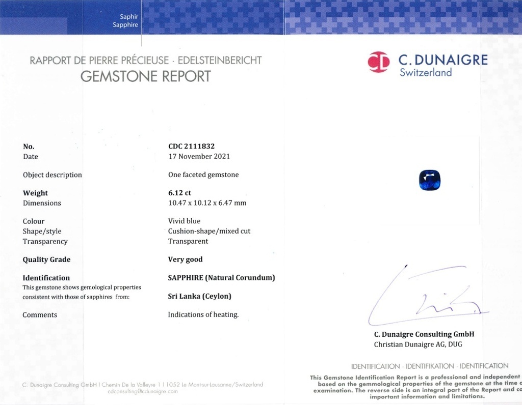 6.12 Ct. Blue Sapphire from Ceylon (Sri Lanka)
