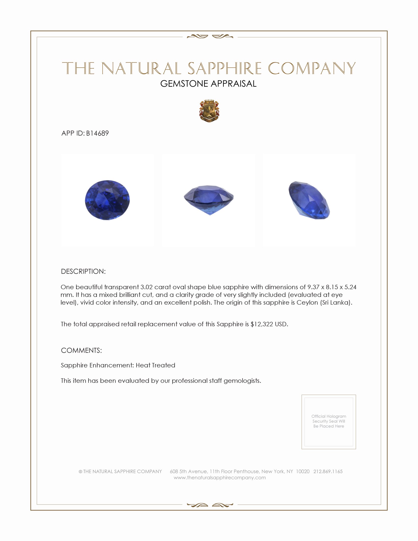 3.02 Ct. Blue Sapphire from Ceylon (Sri Lanka)