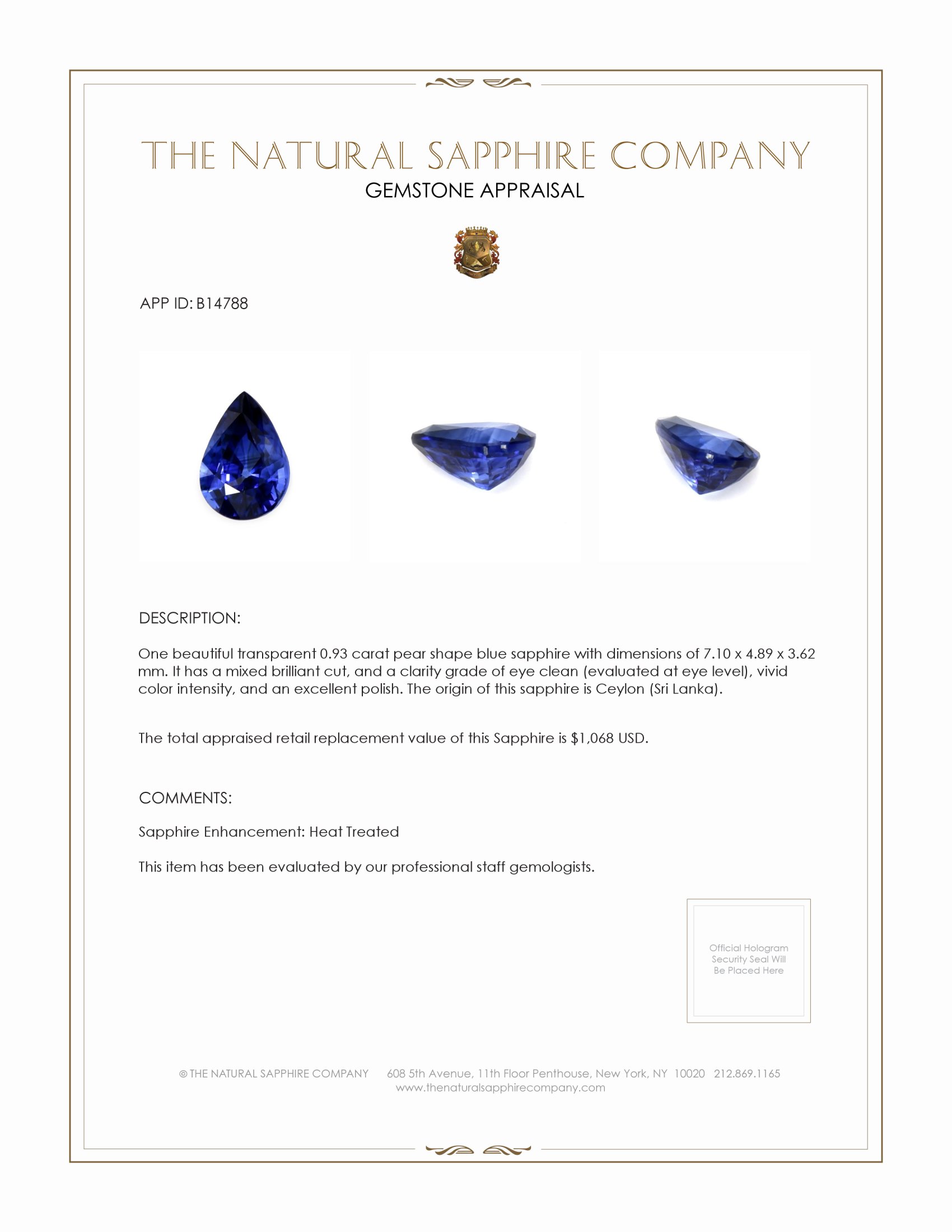 0.93 Ct. Blue Sapphire from Ceylon (Sri Lanka)