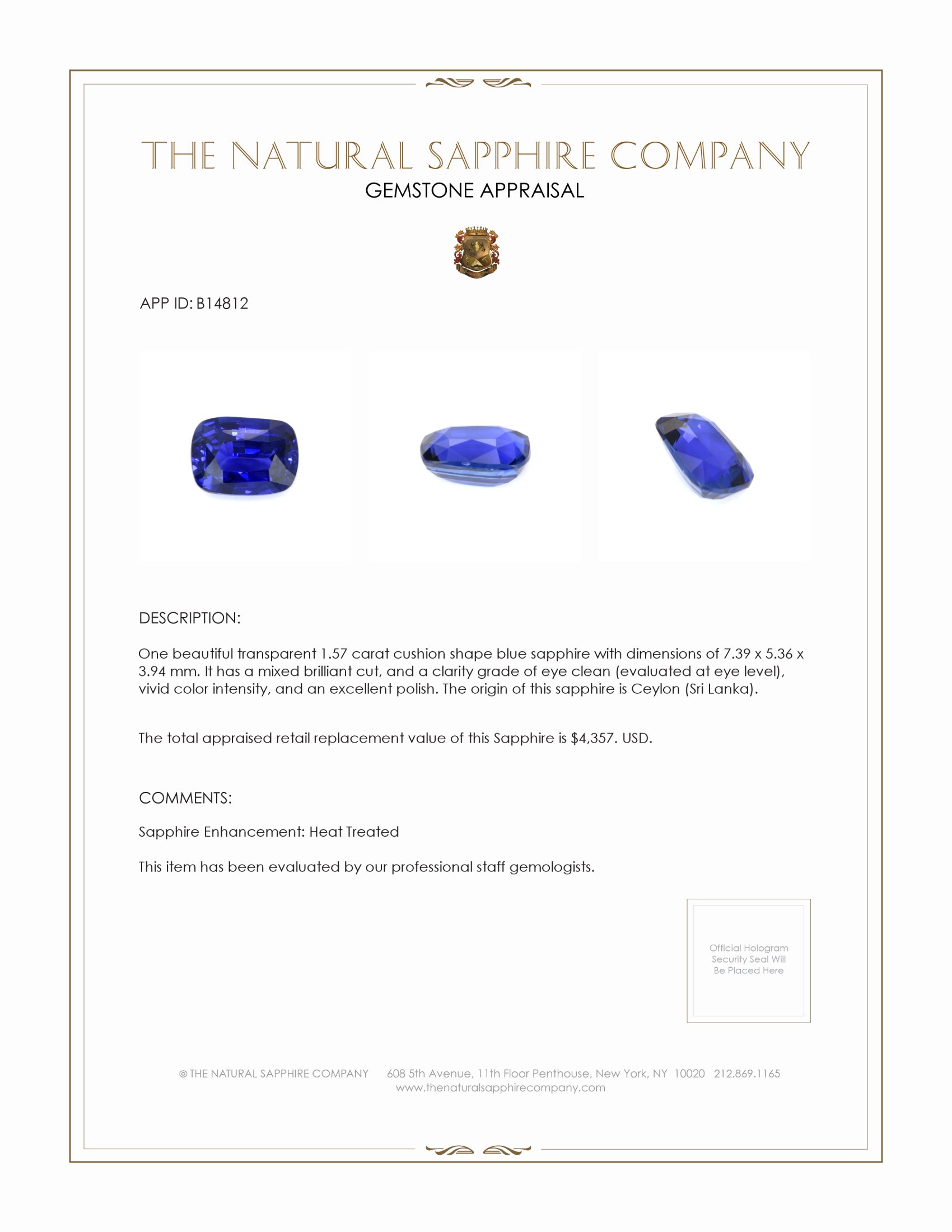1.57 Ct. Blue Sapphire from Ceylon (Sri Lanka)