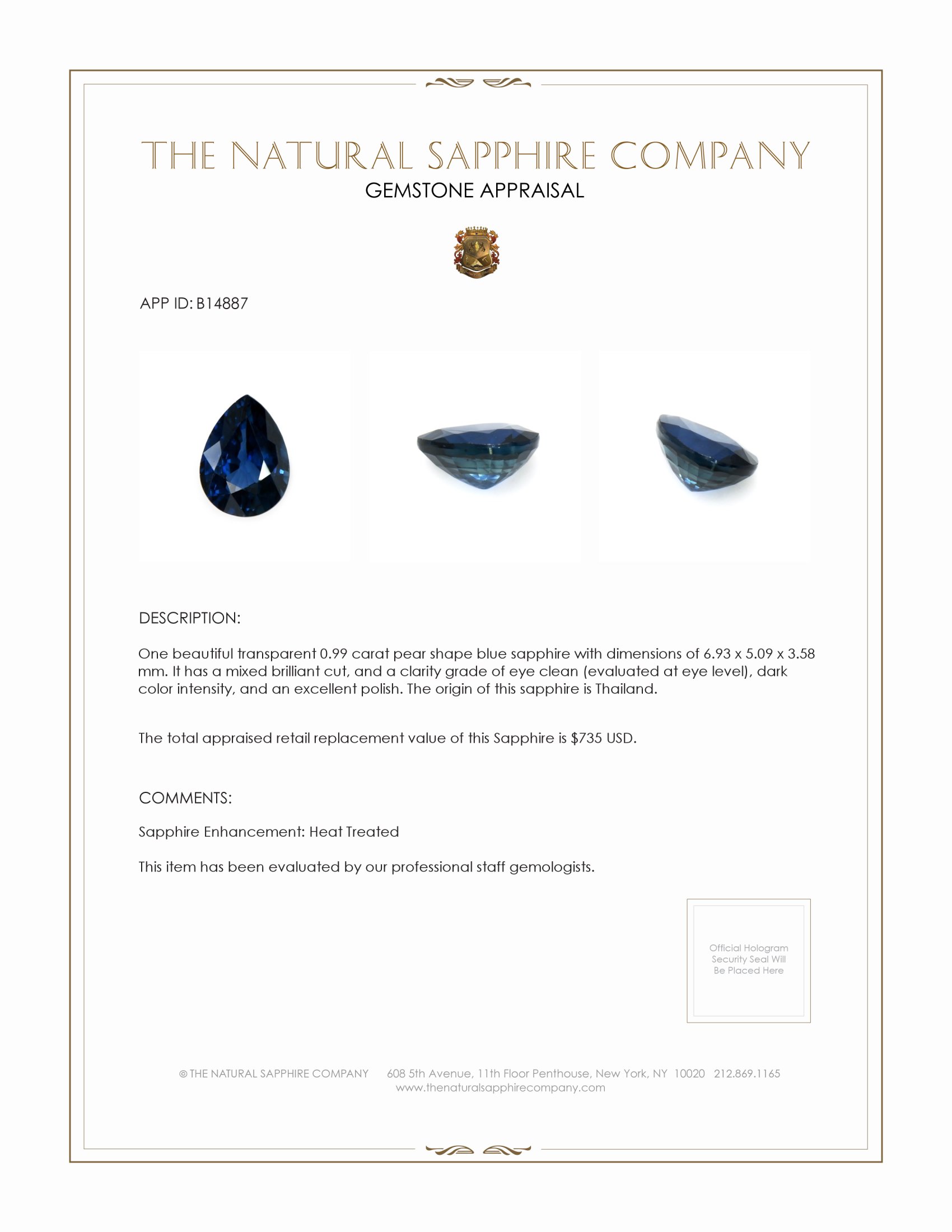 0.99 Ct. Blue Sapphire from Thailand
