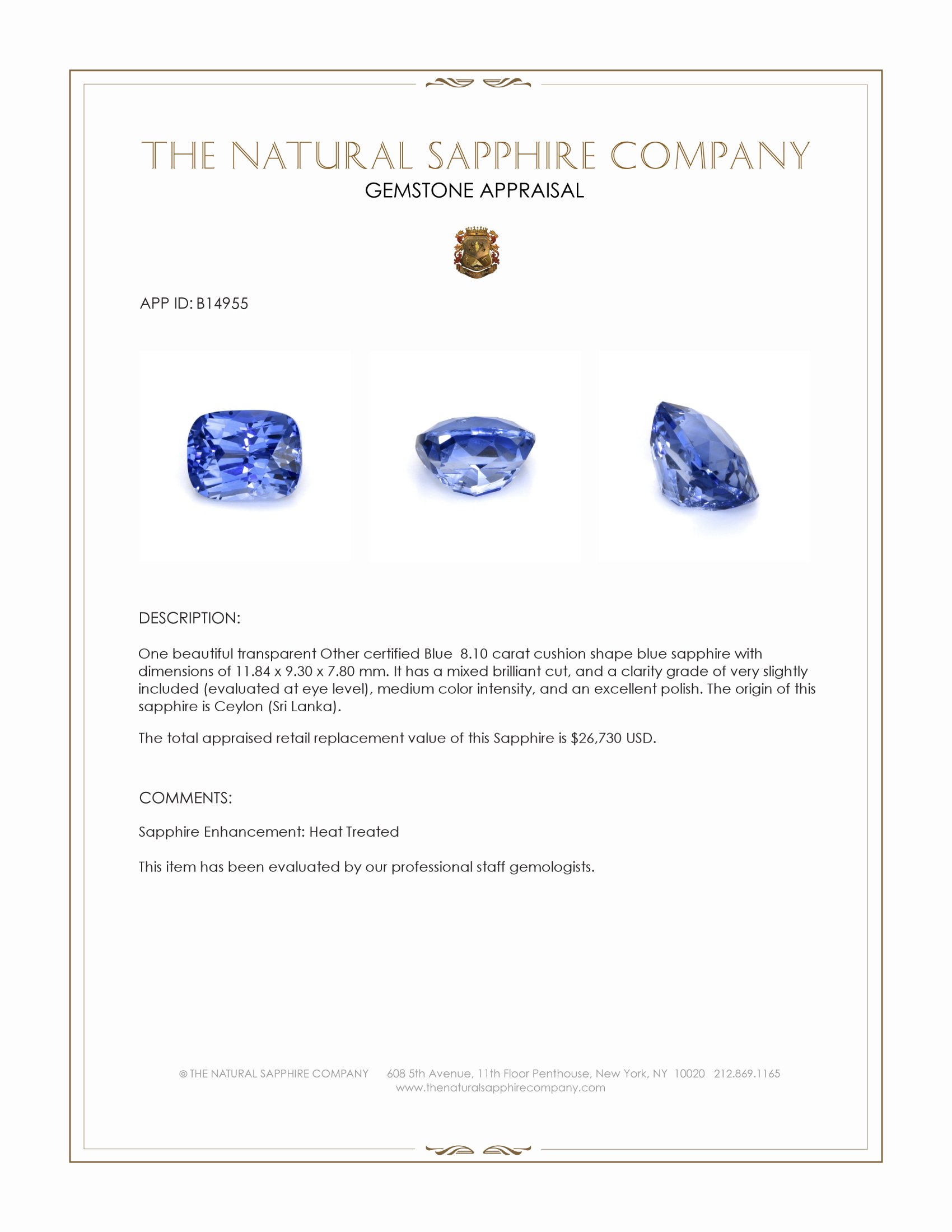 8.10 Ct. Blue Sapphire from Ceylon (Sri Lanka)